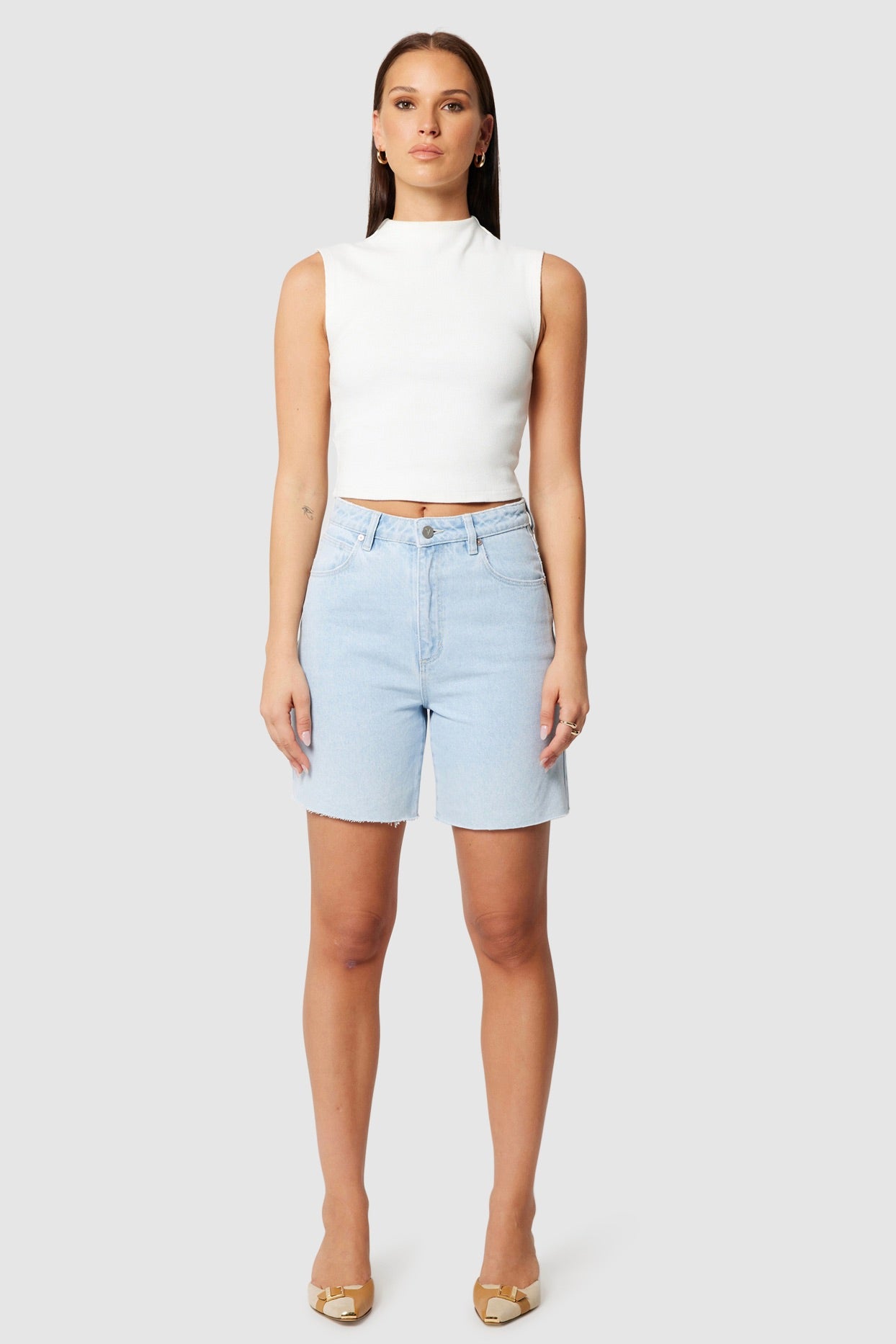 Carrie Kate Light Blue Denim Shorts for Women - High Waisted Distressed Denim Shorts - Summer Casual Fashion Shorts for Outfits, Beach, and Streetwear