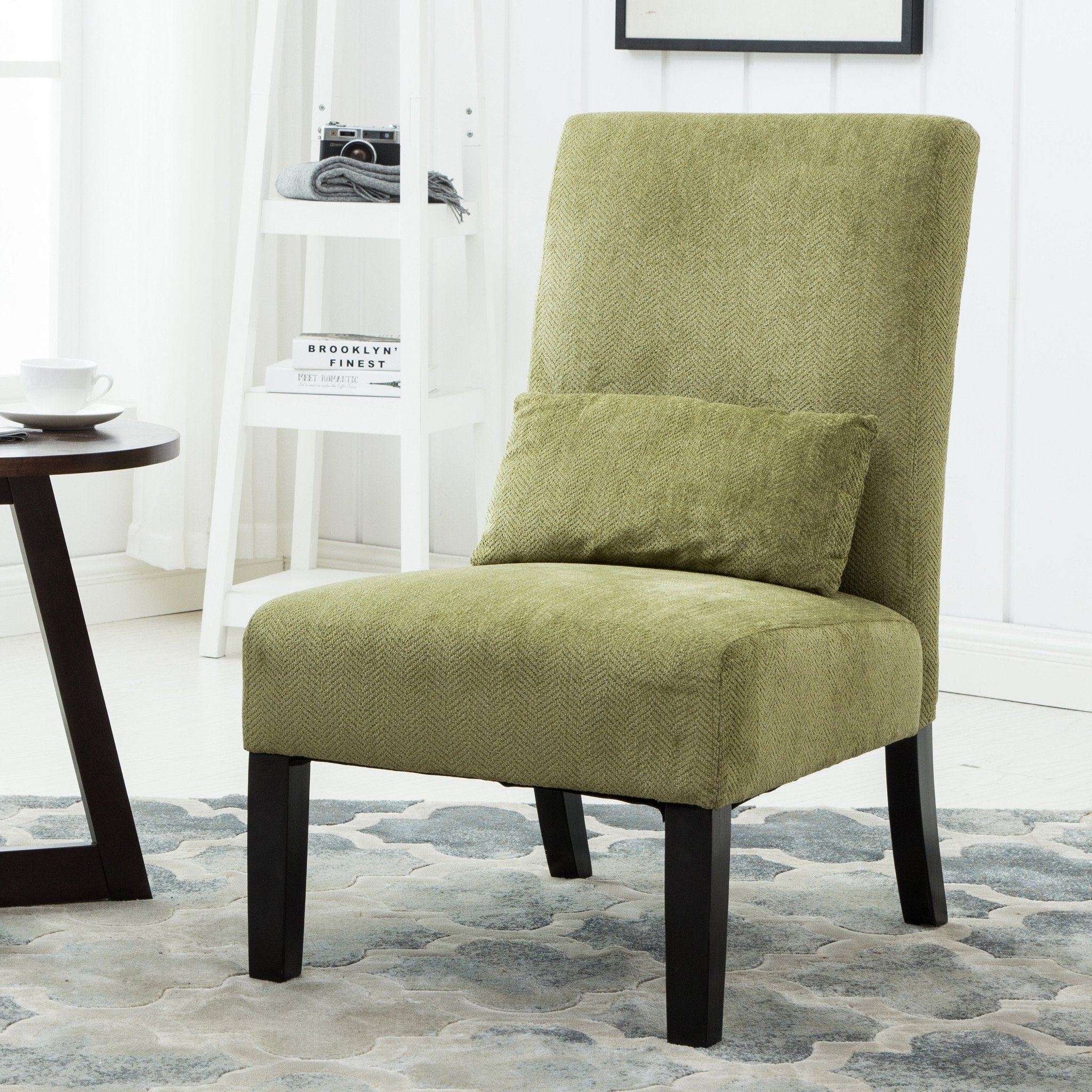Roundhill Furniture Pisano Chenille Fabric Armless Contemporary Accent Chair with Matching Kidney Pillow in Spring Green - Modern Living Room, Bedroom or Office Seating for Home Decor