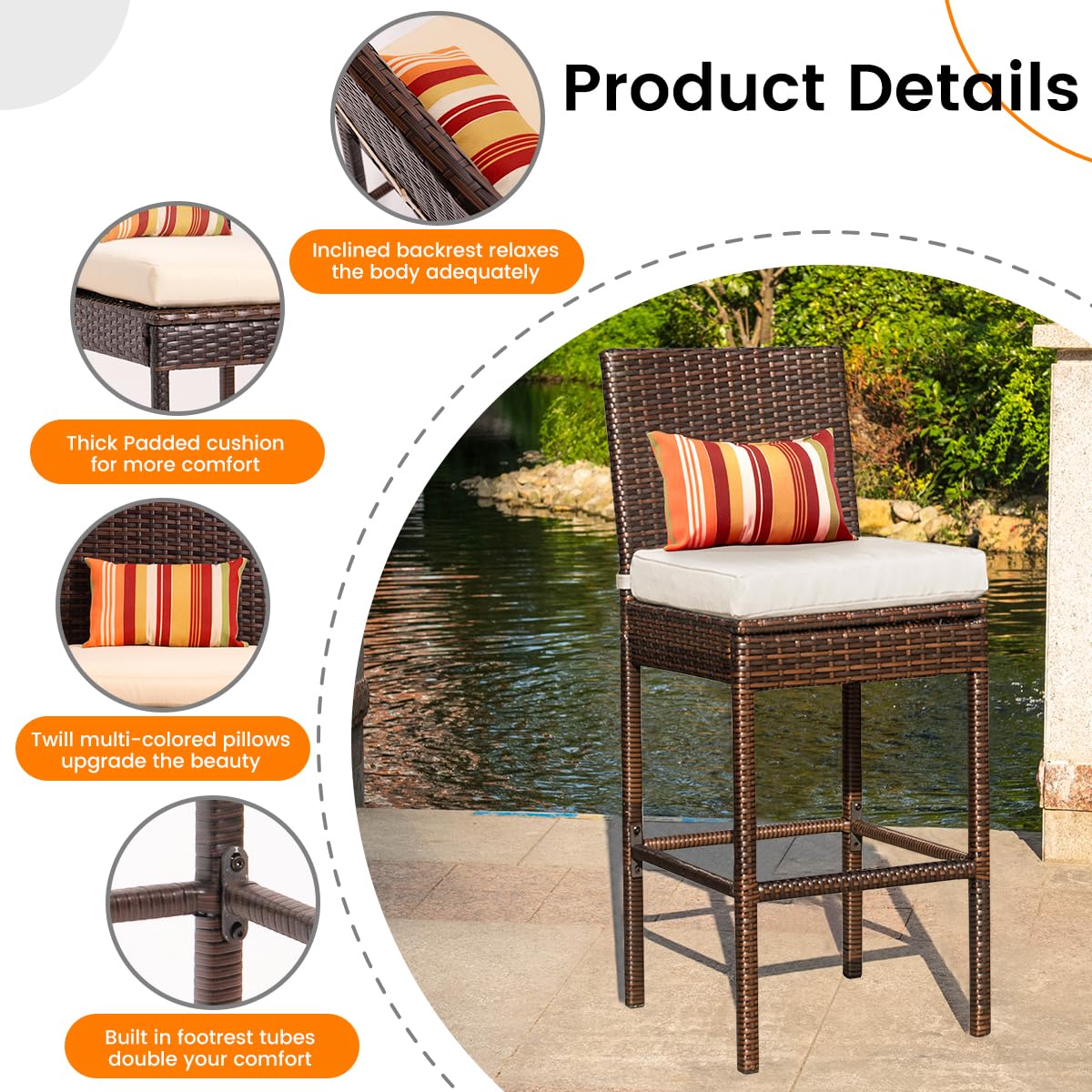 Sundale Outdoor Wicker Bar Stool Set of 4 - 30 Inch Rattan Counter Height Stools with Backrest & Beige Cushions - Brown Steel Frame Patio Furniture for Poolside, Deck, or Outdoor Dining Areas