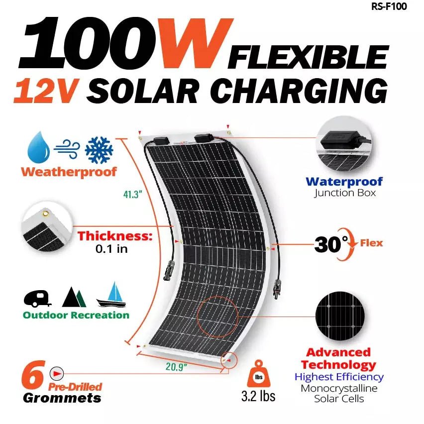 Rich Solar MEGA 100W Flexible Monocrystalline Solar Panel - Lightweight Bendable Solar Charger for RV, Boat, Camping & Off-Grid Power