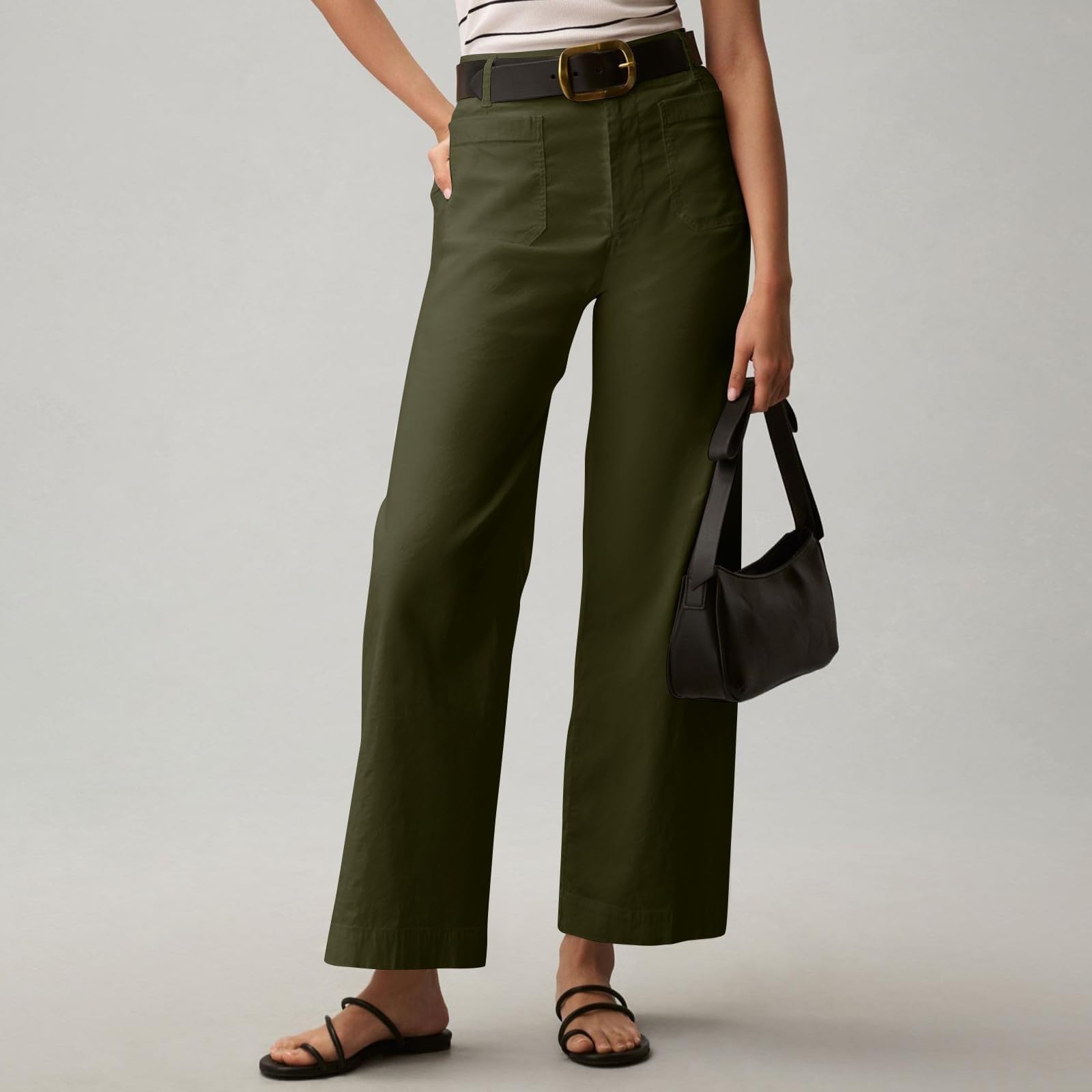 2024 Women's Stretch Twill Cropped Wide Leg Jeans with Pockets - Straight Leg Chino Pants for Casual Wear | Y2K Style Ankle Pants for Work, Weekend & Street Fashion