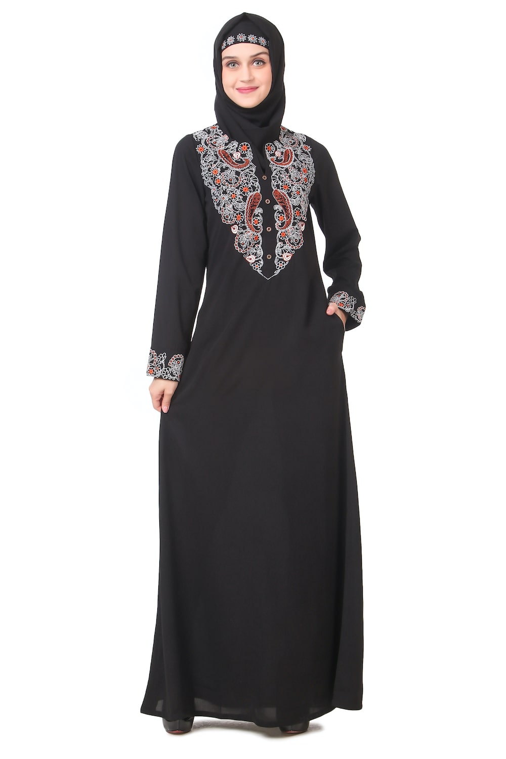 Elegant Faux Button Front Paisley Embroidered Abaya Dress - Modest Muslim Prayer Dress for Women, Perfect for Eid, Ramadan & Special Occasions