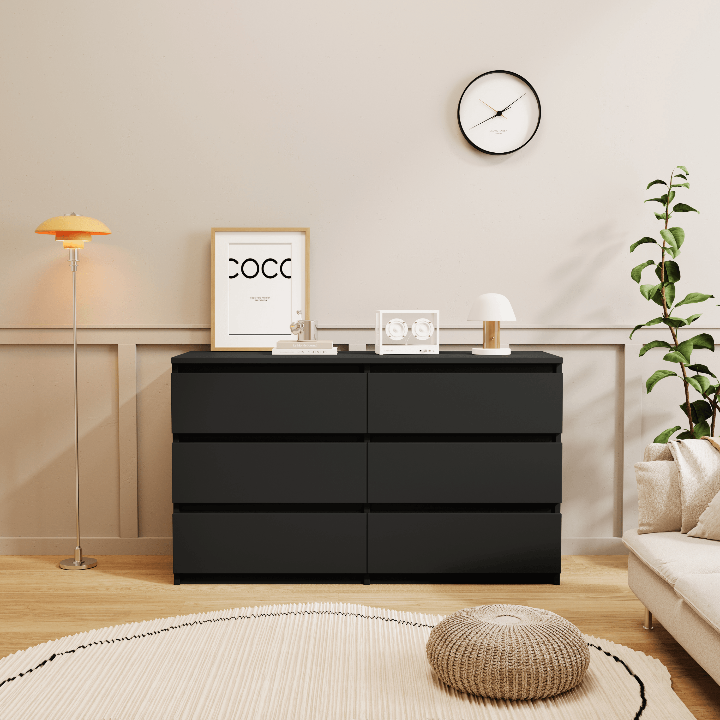 Large Black 6-Drawer Chest Dresser with Mirror - Perfect for Bedroom Storage & Organization