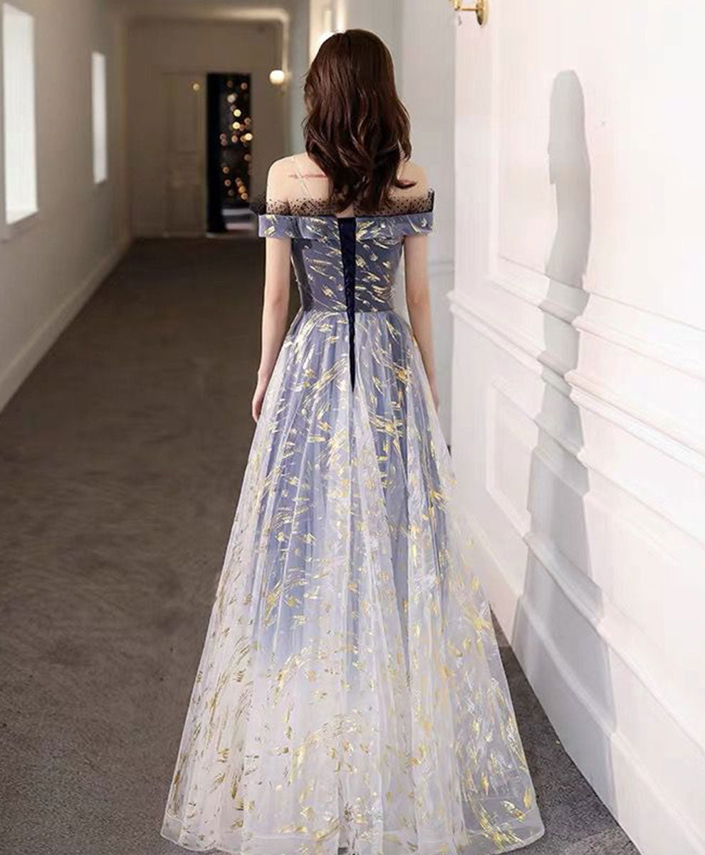 Elegant Blue Tulle Off-Shoulder Lace Long Prom Dress - Formal Evening Gown for Homecoming, Wedding & Special Occasions