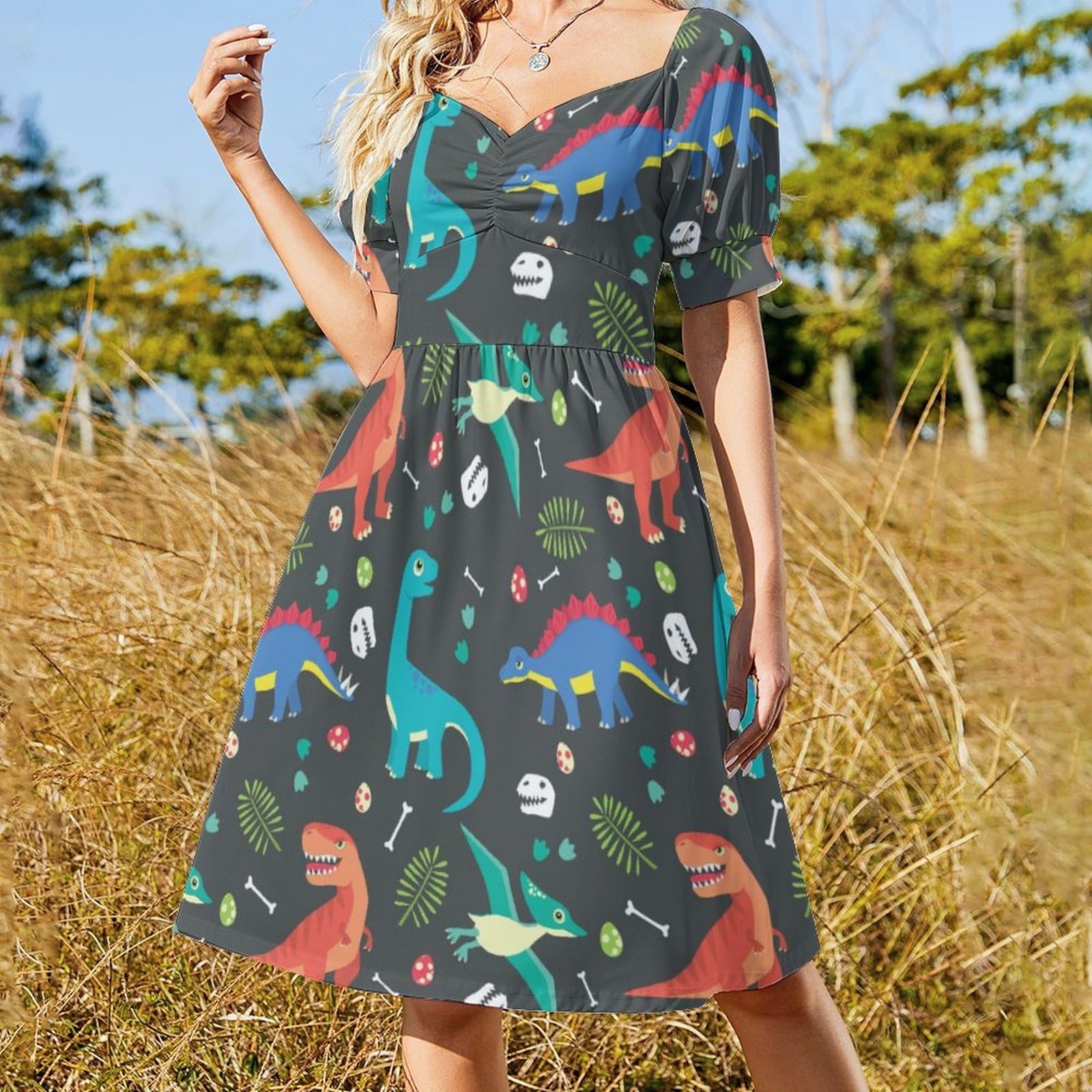Vibrant Dinosaur Print Women's Short Sleeve Square Neck Party Dress - Swing Midi Dress for Beach, Summer Outings & Casual Wear