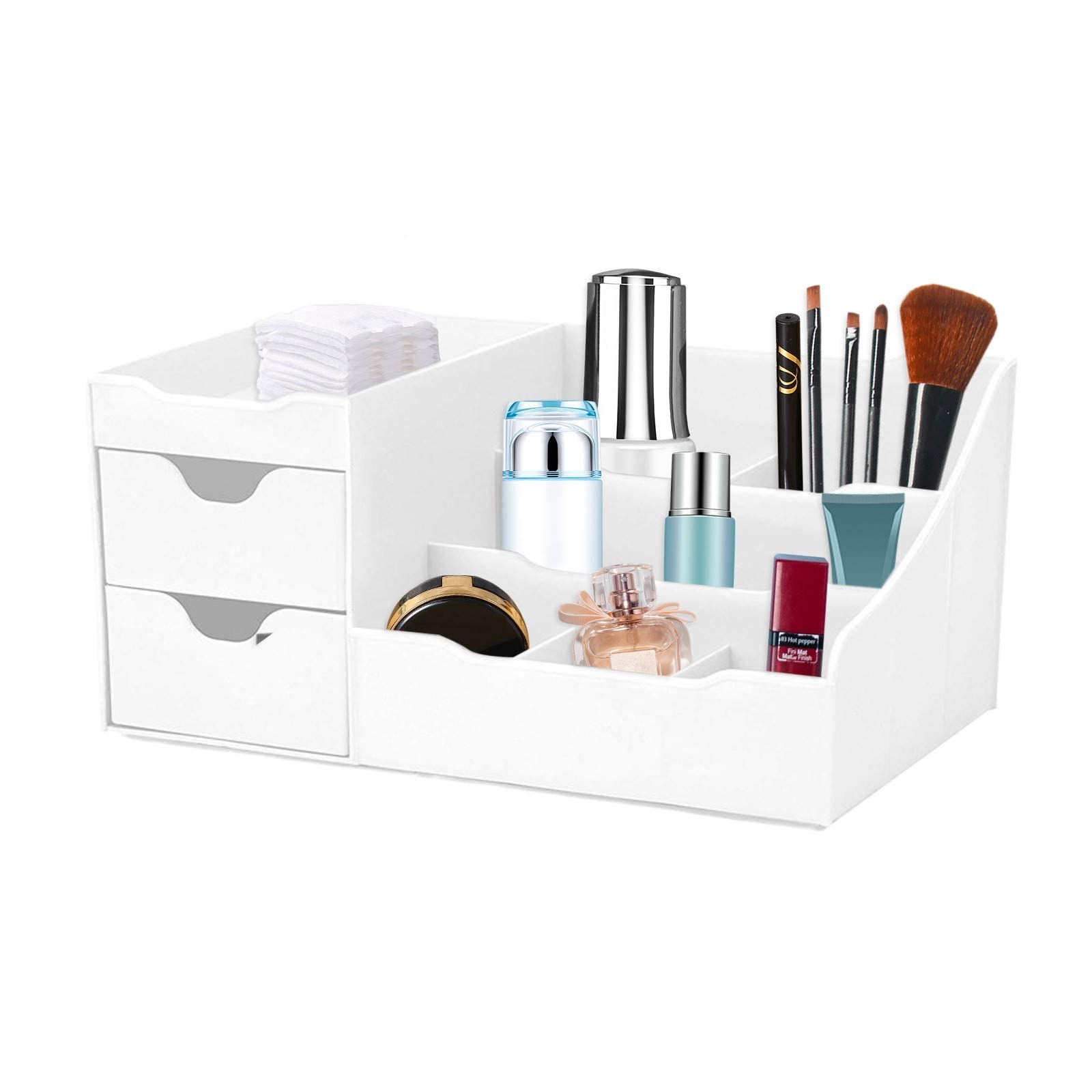 PMUYBHF 5-Tier Makeup Organizer with Drawers - Modern Countertop Cosmetic Storage Box, Vanity Dresser & Nightstand Organizer for Makeup Brushes, Lipsticks, Skincare (White) - Perfect for Bedroom, Bathroom & Dressing Table