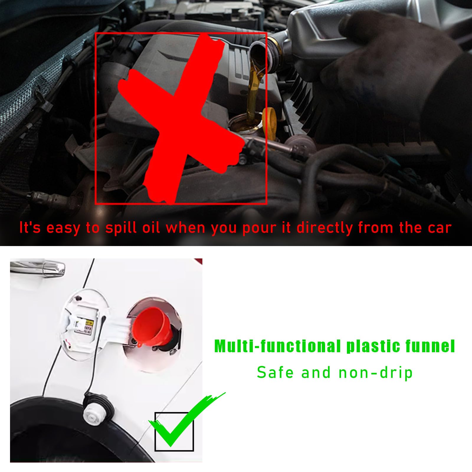 2 PCS Flexible Plastic Wide Mouth Funnels with Long Hose - Automotive Fluid Transfer Funnel for Engine Oil, Gas, Fuel, Water & Transmission Fluid - Perfect for DIY Car Maintenance & Garage Use