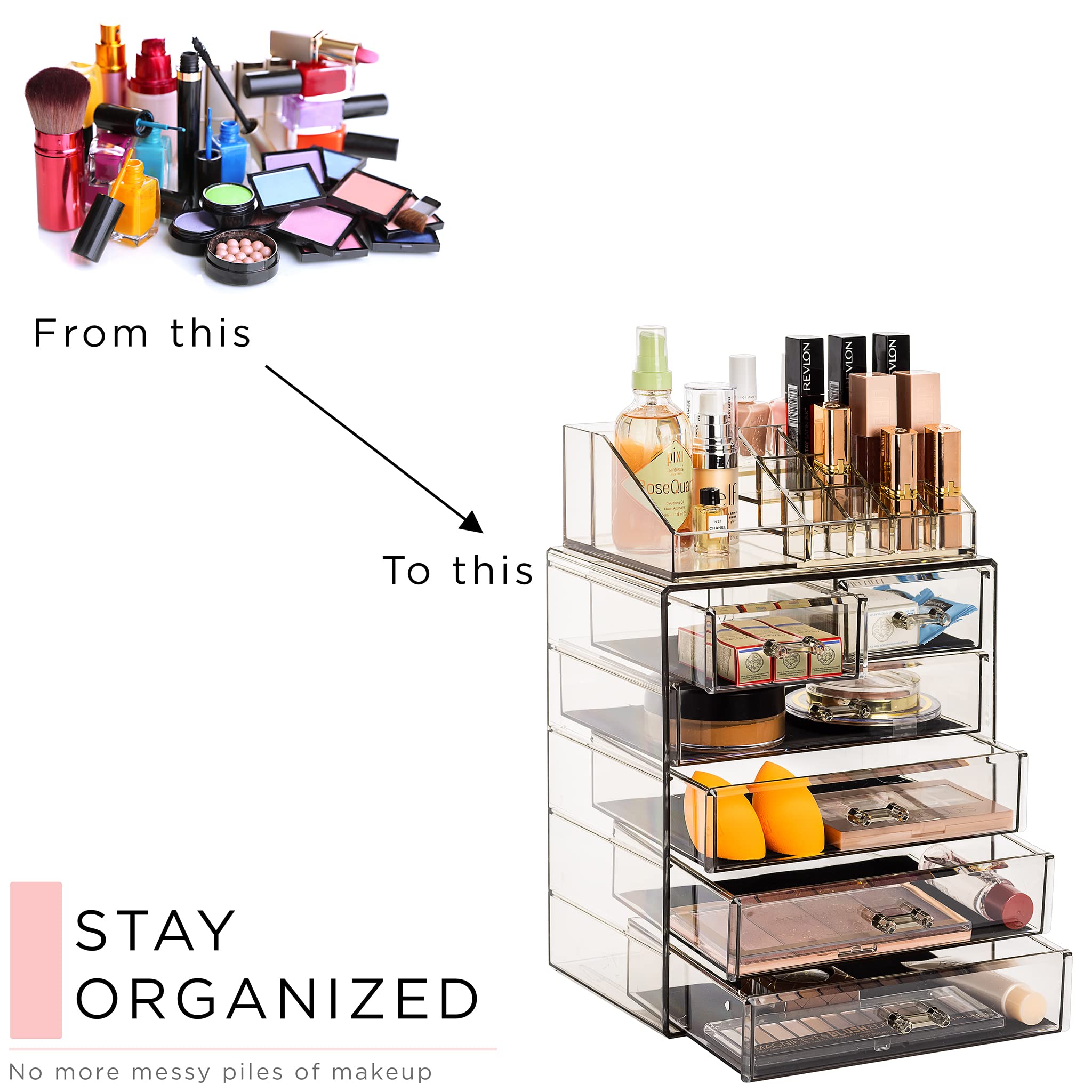 Sorbus Clear Acrylic Cosmetic Makeup Organizer with 4 Large & 2 Small Drawers - Jewelry Storage Case & Vanity Display for Dresser, Bathroom Countertop - Perfect for Makeup Brushes, Lipsticks, Rings & Earrings Organization (Black Jewel)