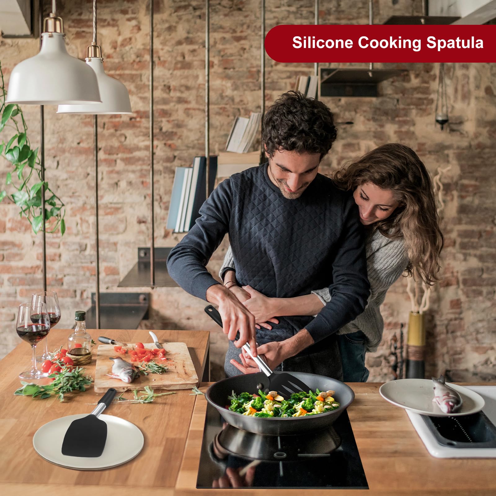 Premium Silicone Spatula Turner Set - 2-Pack Heat-Resistant Kitchen Utensils for Nonstick Cookware, Fish, Eggs & Pancakes | Solid & Slotted Rubber Spatulas for Wok Cooking, Baking & Grilling | Ideal for Home Chefs & Professional Kitchens