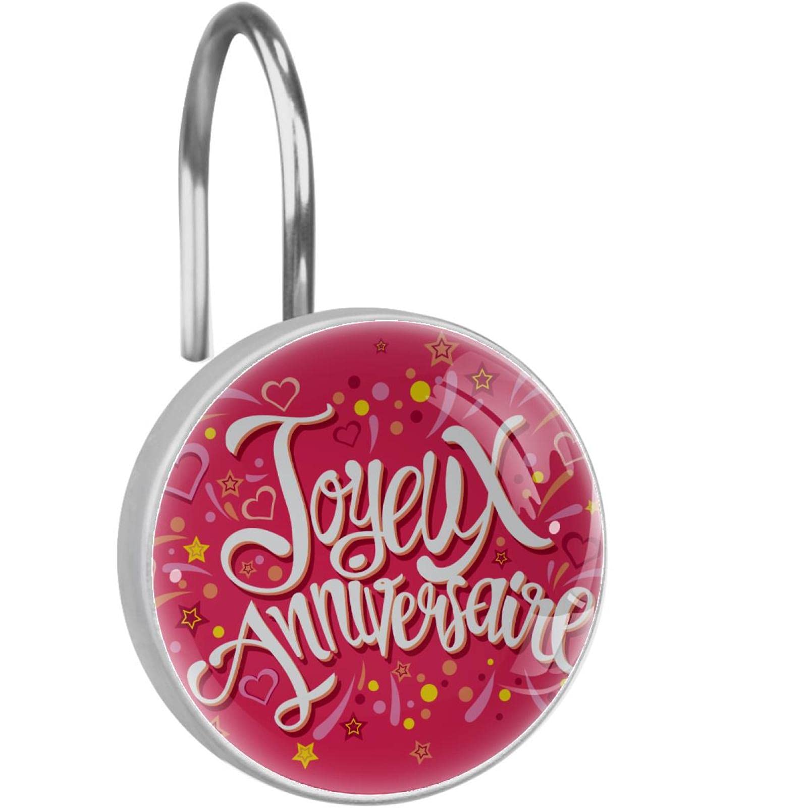 Joyeux Anniversaire Happy Birthday in French Pink Shower Curtain Hooks Rings - Rustproof Decorative Bathroom Accessories (1.45x1.45in, Set of 12) - Perfect for Birthday Party Decorations & Bathroom Upgrades