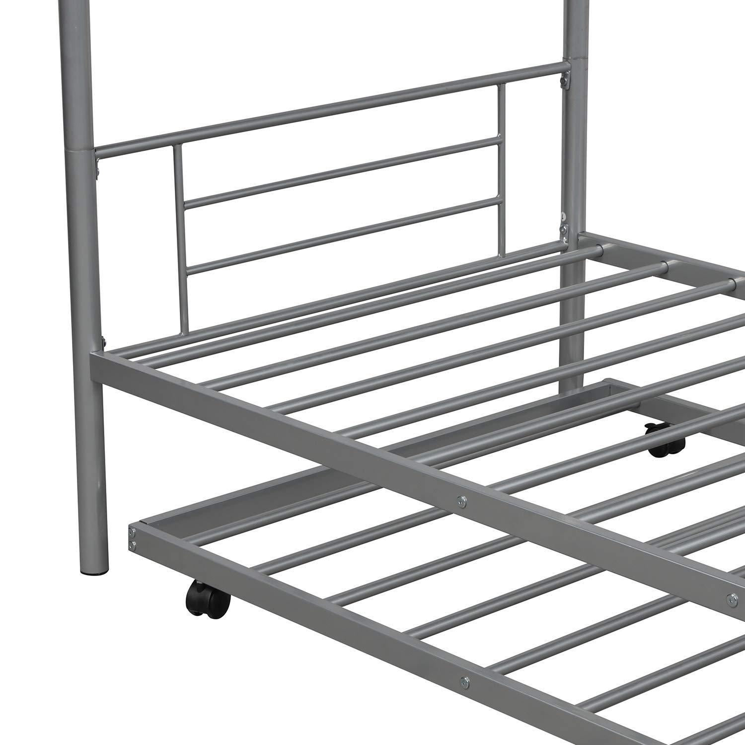 KLMM Heavy Duty Metal Twin Over Twin Bunk Bed with Trundle - Convertible to 2 Separate Beds, Guardrails & Ladder Included - No Box Spring Needed (Silver) | Space Saving Kids Bedroom Furniture for Small Rooms, Dorms & Guest Rooms