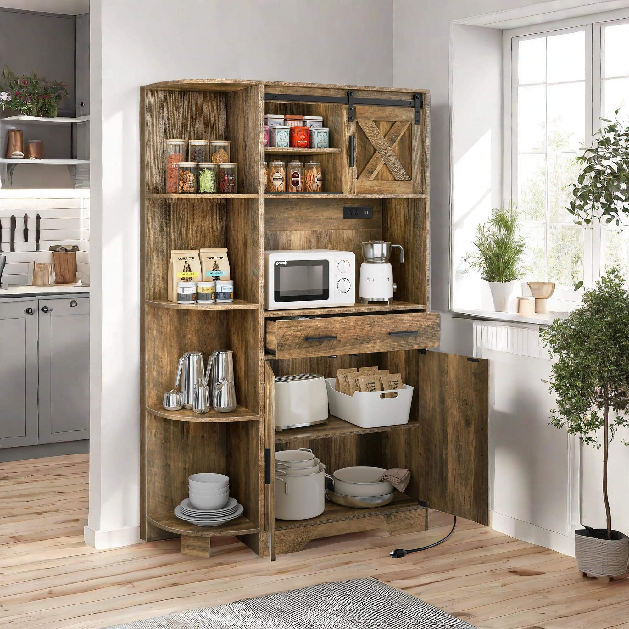 YITAHOME 67 Inch Farmhouse Kitchen Pantry Cabinet with Sliding Barn Door & Power Outlet - Freestanding Storage Hutch with Shelves, Drawers - Microwave Stand, Large Cupboard for Dining Room & Kitchen - Oak Finish - Perfect for Small Space Organization & Home Decor
