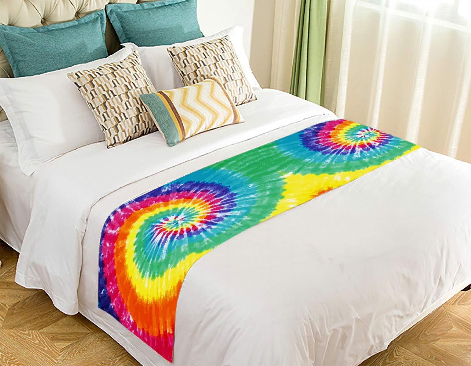 Vibrant Tie Dye Bed Runner Scarf - 20x95 Inch Bohemian Bed Decor for King/Queen Beds - Perfect for Boho Bedroom, Wedding Decor & Home Styling