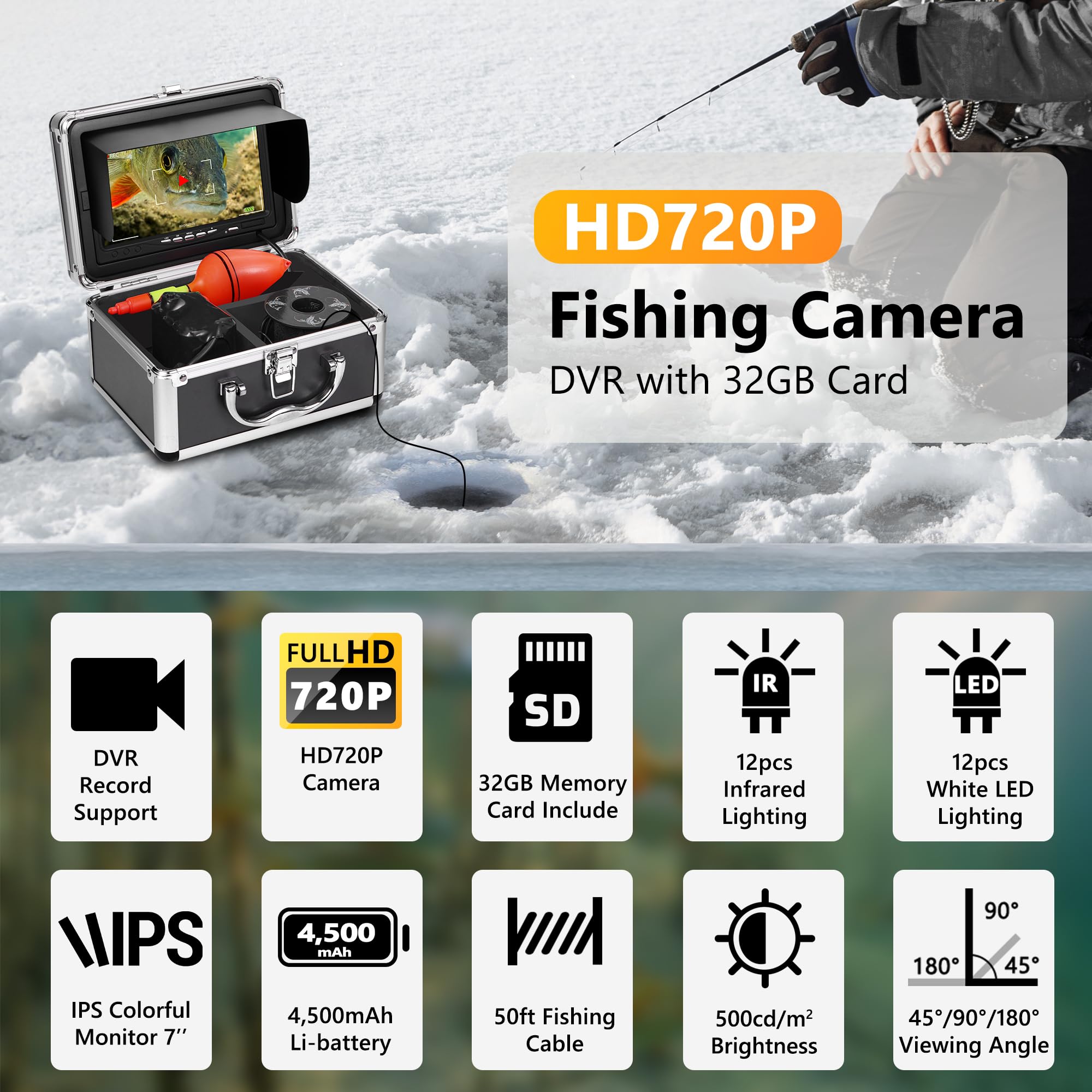 Underwater Fishing Camera HD 720P with DVR & 32GB Card - 7'' Ice Fishing Monitor, Fish Finder with 12 IR & 12 LED Lights, 4500mAh Battery, 50ft Cable - Perfect for Ice Fishing, Underwater Exploration & Marine Observation - Great Gift for Anglers & Outdoor Enthusiasts