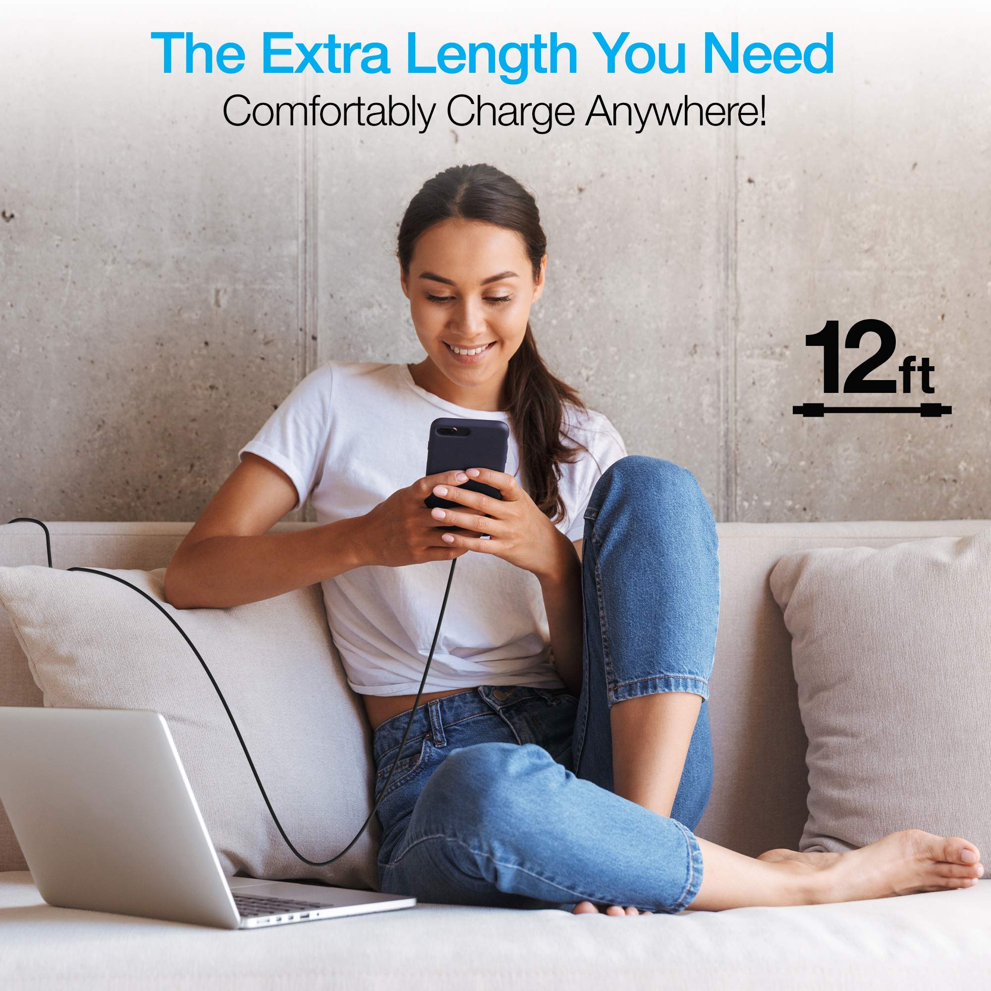 Naztech MFi Certified Lightning Cable - 12ft Fast Charging USB-C to Lightning Cable for iPhone 14/13/12/11/X/8, iPad - Durable & Rounded Design - Super Fast Charging Cord - Black - Perfect for Home, Office, Car & Travel Use