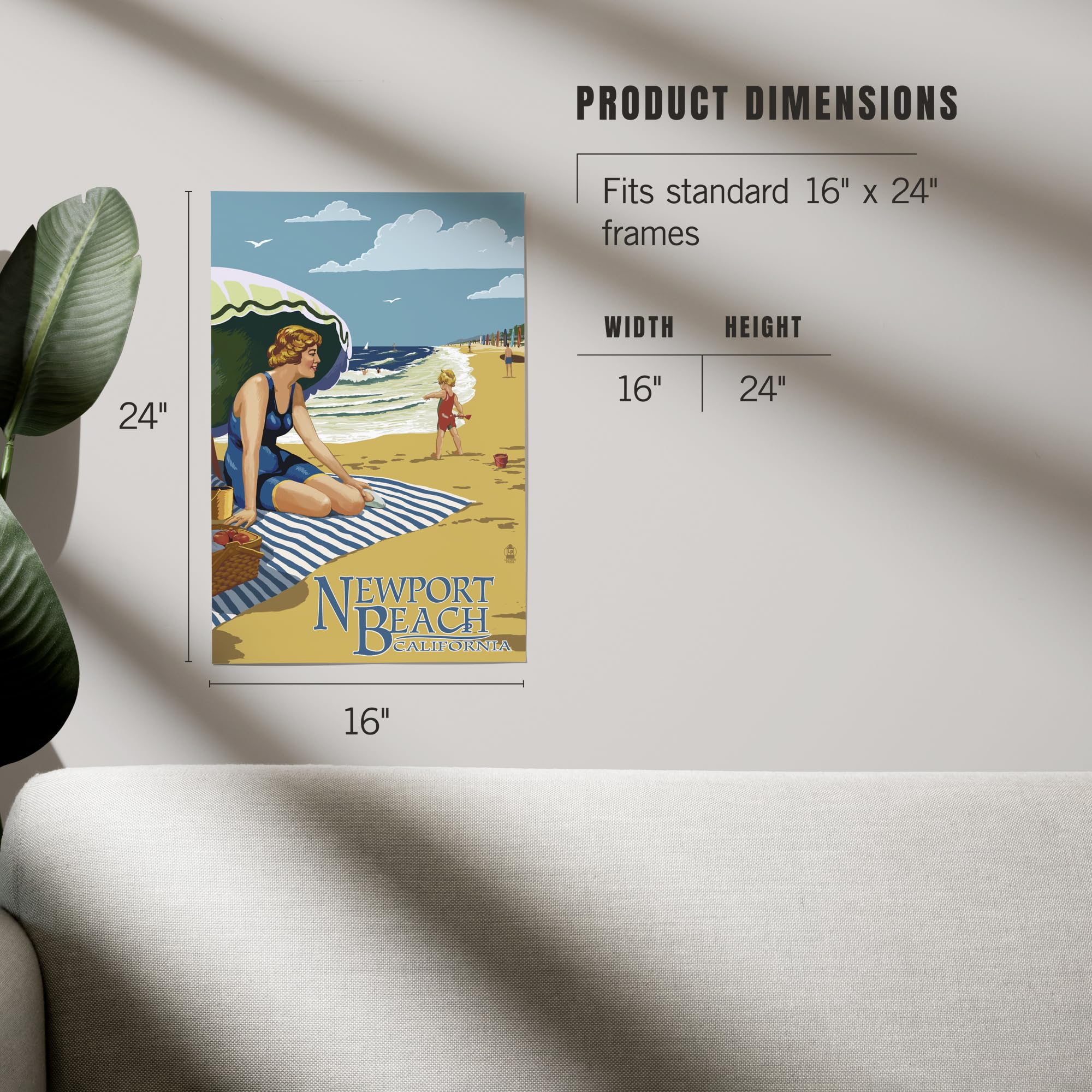 Lantern Press 16x24 Inch Giclee Art Print - Newport Beach California Coastal Wall Decor - Woman on Beach Painting for Living Room, Bedroom & Office