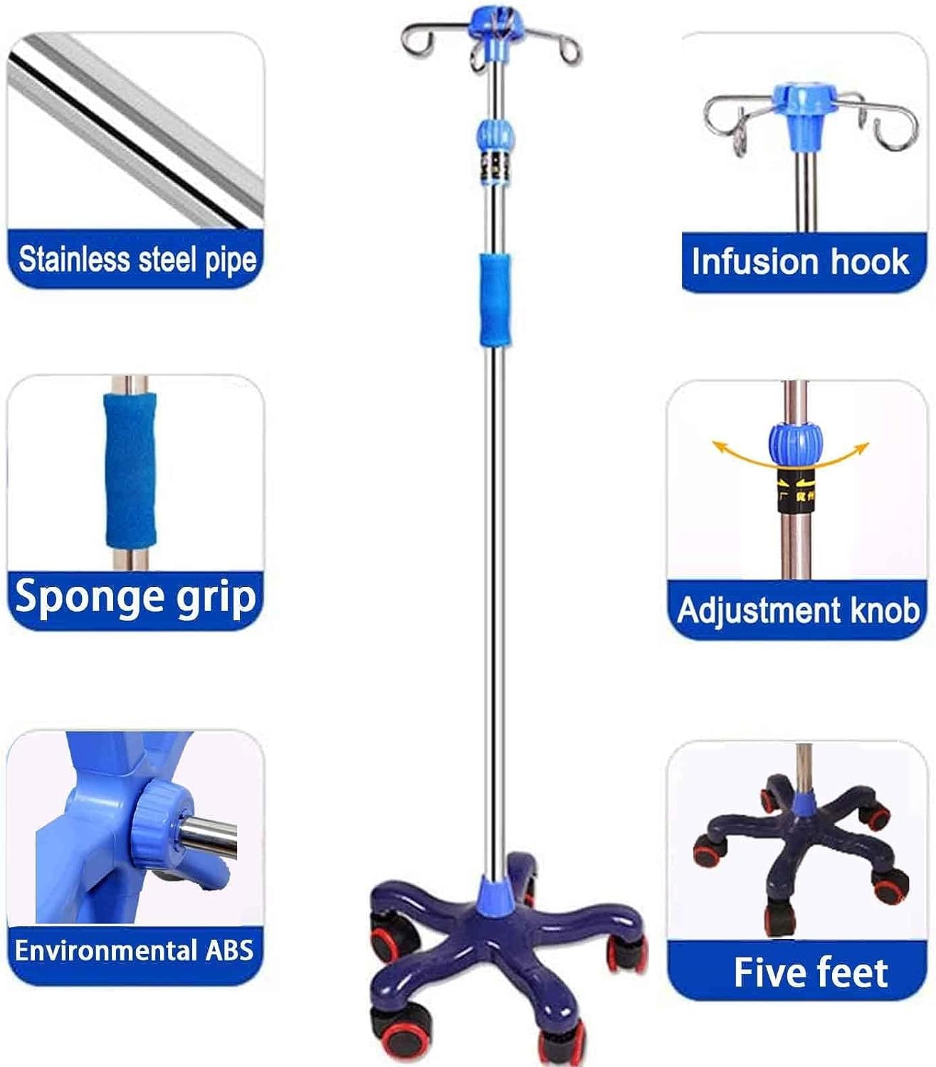 Adjustable IV Pole Stand 43-75 Inches - Portable Medical Infusion Stand with Wheels for Hospital, Clinic & Home Use | Ideal for IV Therapy, Hydration & Medication Administration