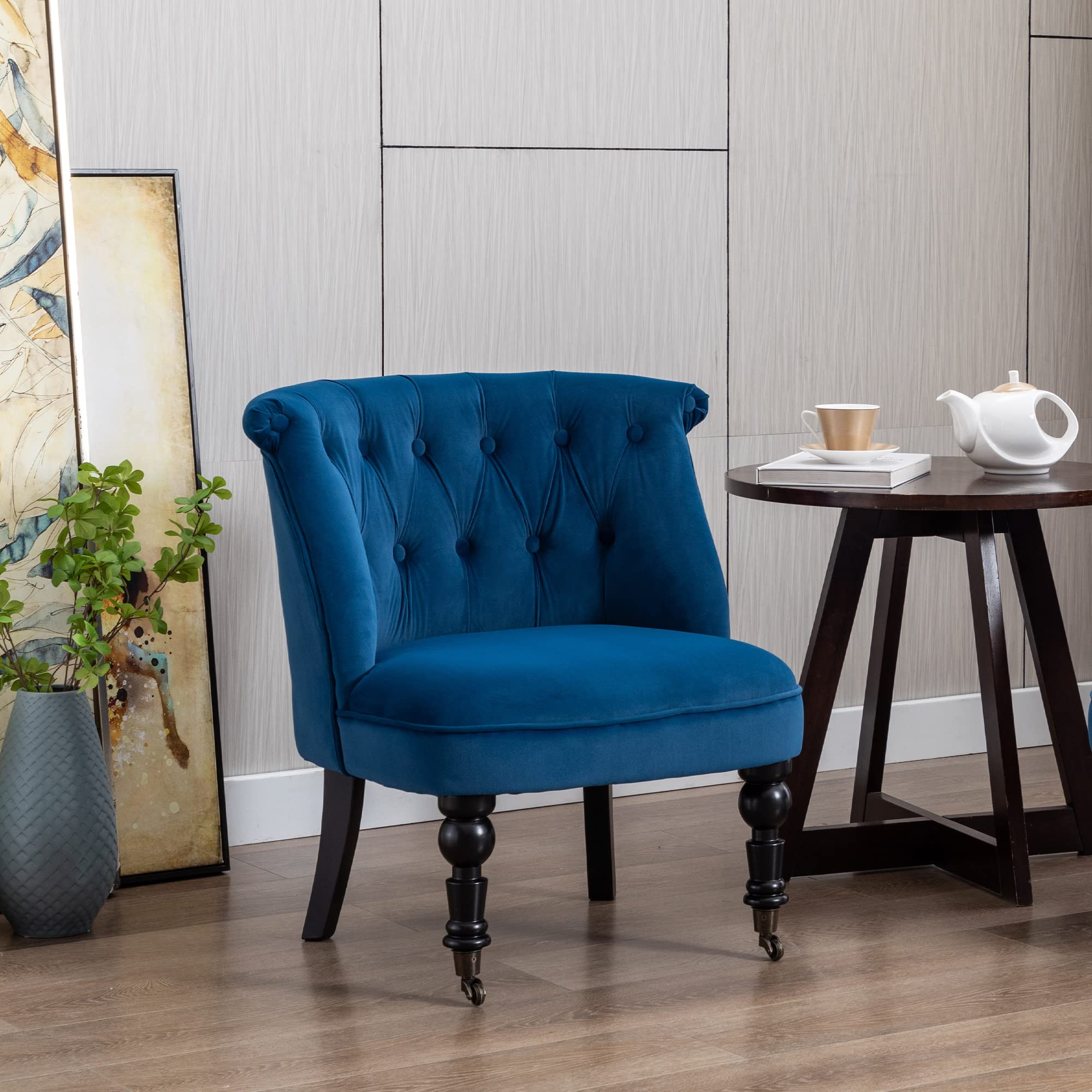 Velvet Accent Slipper Chair with Button Tufted Design & Wooden Legs - 16.1