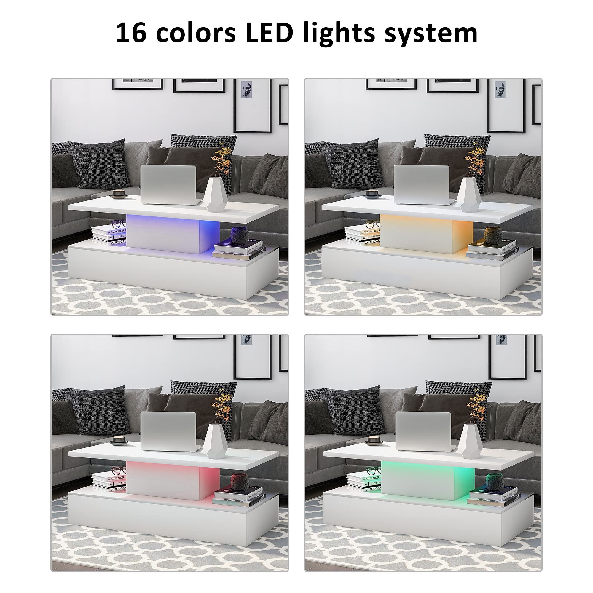 16-Color LED Coffee Table with Modern Industrial Design - 2-Tier Rectangle Cocktail Table, Easy to Clean & Assemble - Perfect for Living Room, Game Room, and Home Theater Lighting