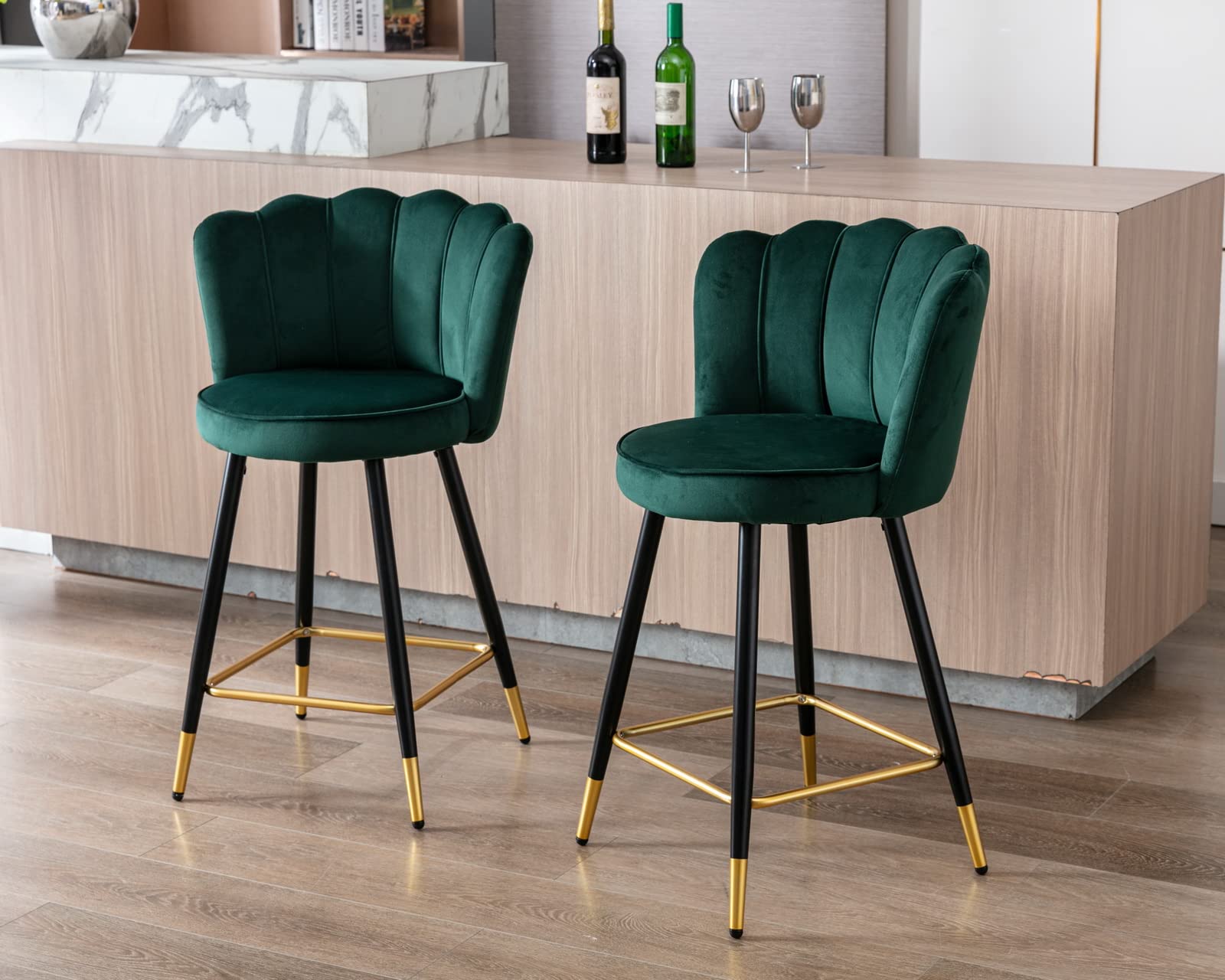 CIMOTA 2-Pack Modern Velvet Bar Stools 26 Inch Height with Footrest & Petal Back - Comfy Kitchen Counter Stools for Dining Room, Home Bar, or Breakfast Nook - Dark Green Set of 2
