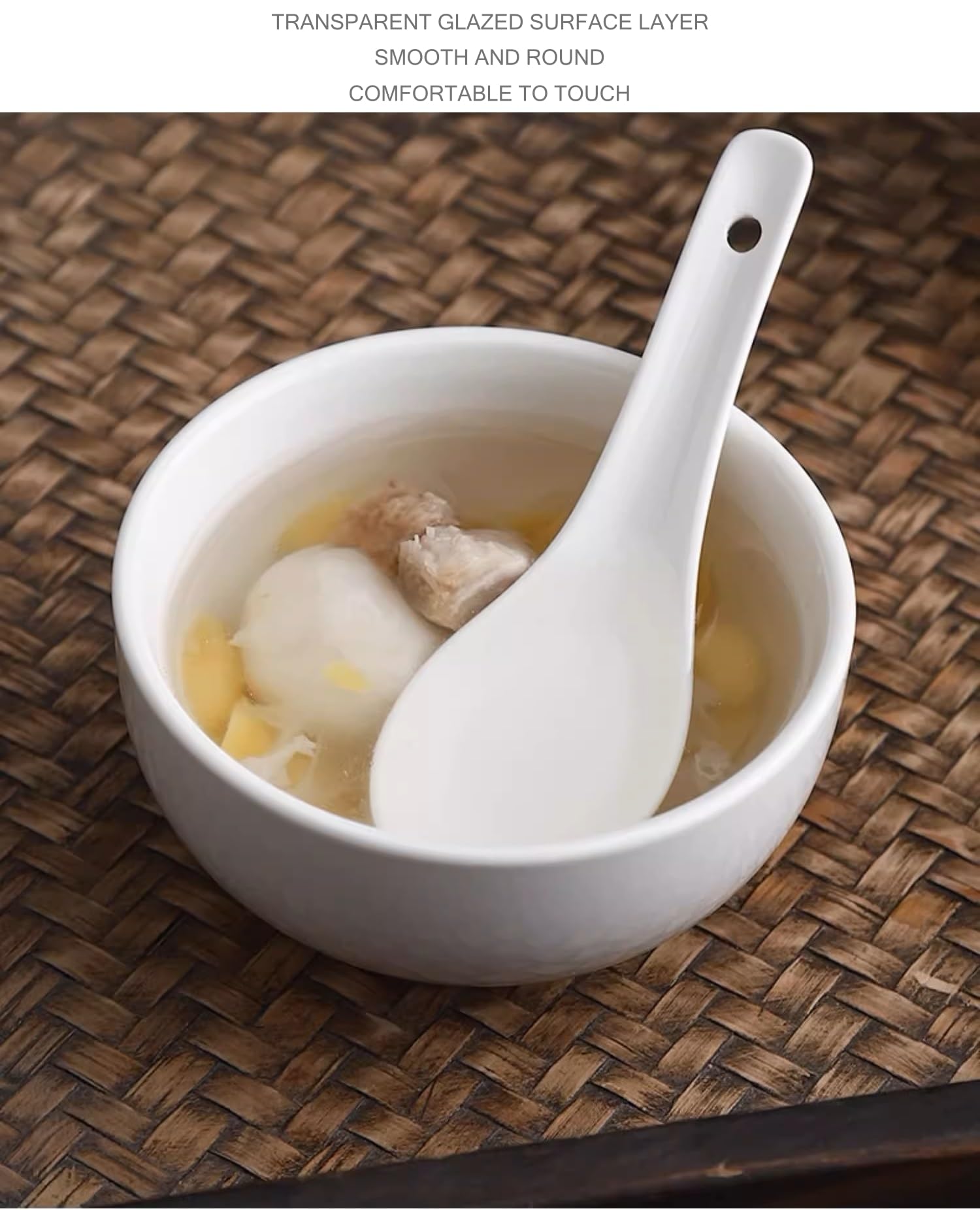 12-Pack 5.0 Inch Asian Soup Spoons - Ceramic Chinese & Japanese Style Soup Spoon Set for Pho, Miso, Wonton, Ramen, Dumplings - Perfect for Asian Noodles, Hot Soups, and Desserts Like Macarons (White)