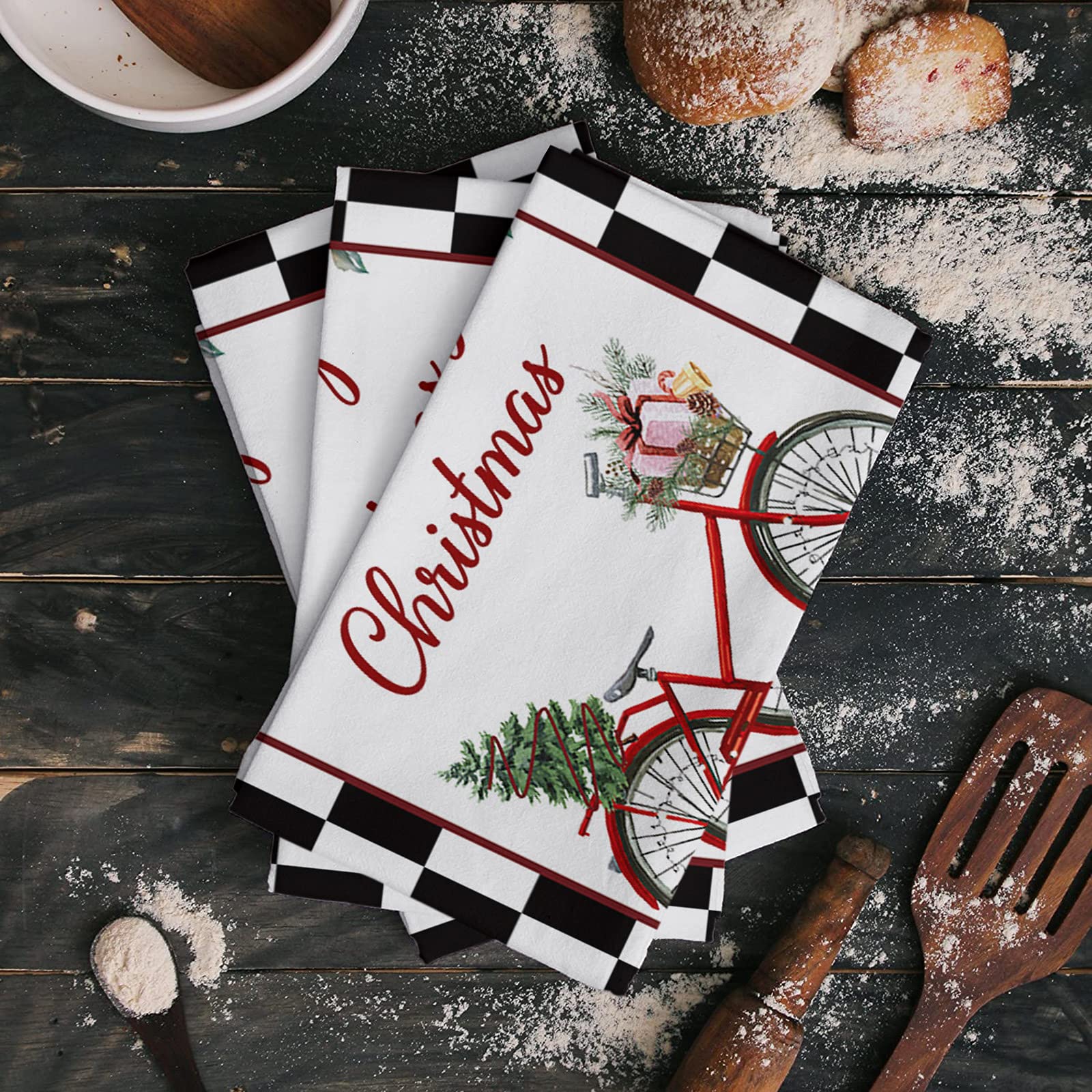 Super Absorbent Microfiber Kitchen Dish Towels 2 Pack - Soft Christmas Themed (Red Bicycle, Tree Patterns) for Cleaning, Drying Dishes | Perfect Holiday Gift for Kitchen, Bathroom & Tea Time