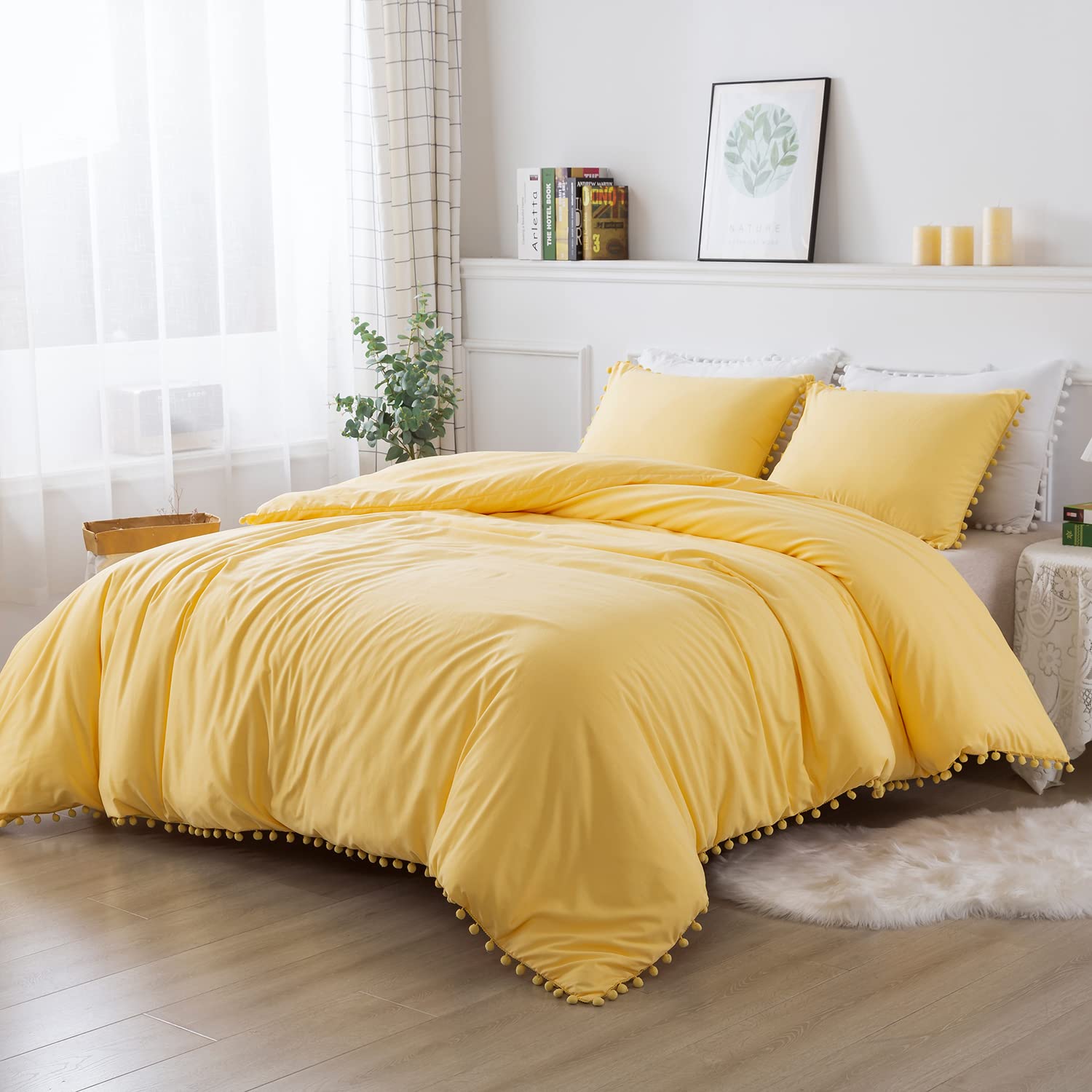TanNicoor Pom Fringe Duvet Cover Set - 2 Piece Ultra Soft Washed Cotton Bedding Set with Zipper Closure, Modern Style Comforter Cover for Twin Bed (Yellow) - Perfect for Boho Chic Bedrooms, Guest Rooms & Cozy Home Decor