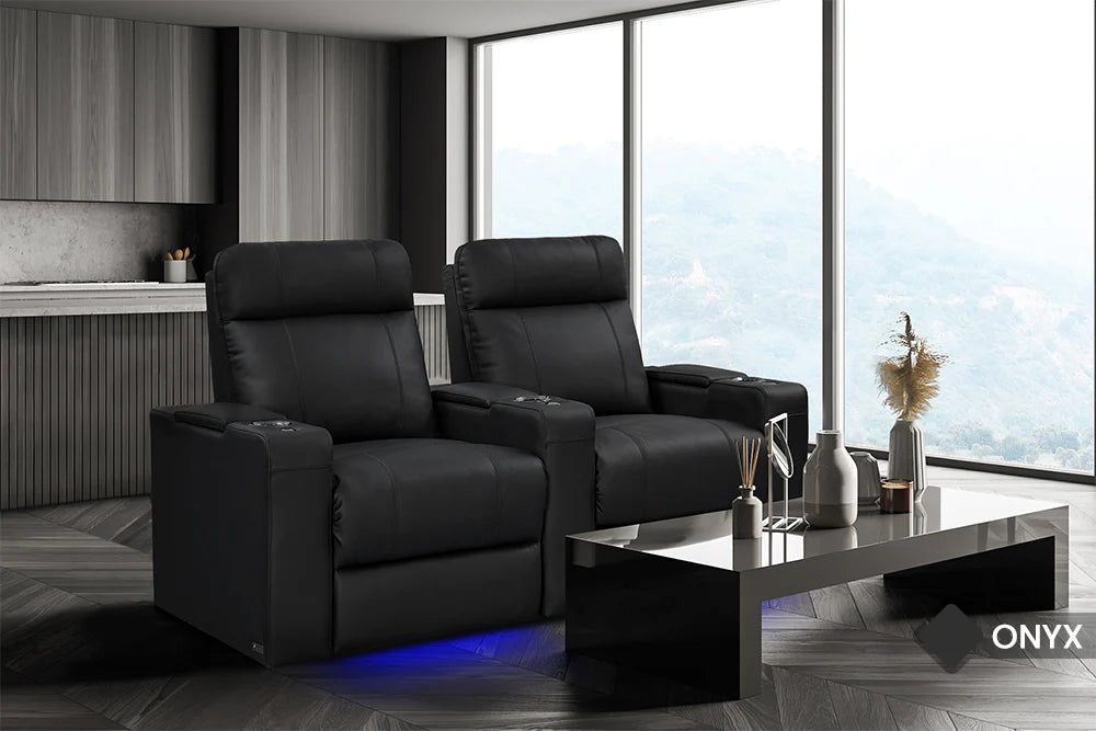 Valencia Piacenza Luxury Genuine Leather Home Theater Seating - 2-Seater Loveseat in Premium Onyx Black | Perfect for Home Cinemas, Media Rooms & Luxury Home Decor