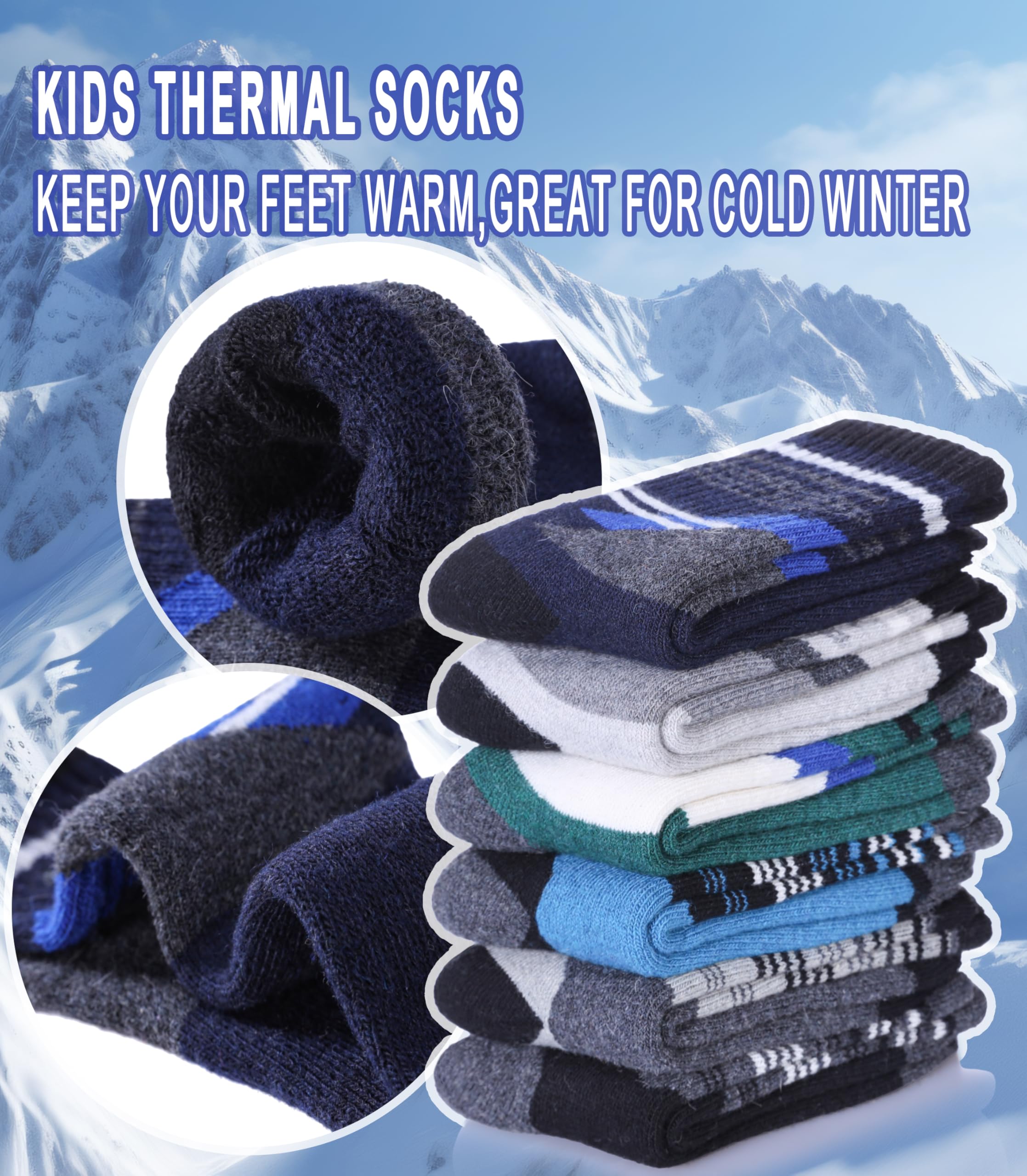 Yebing Kids Merino Wool Hiking Socks - Warm Thermal Winter Boot Socks for Boys & Girls (6 Pairs) - Perfect for Outdoor Adventures, Skiing & Cold Weather Activities