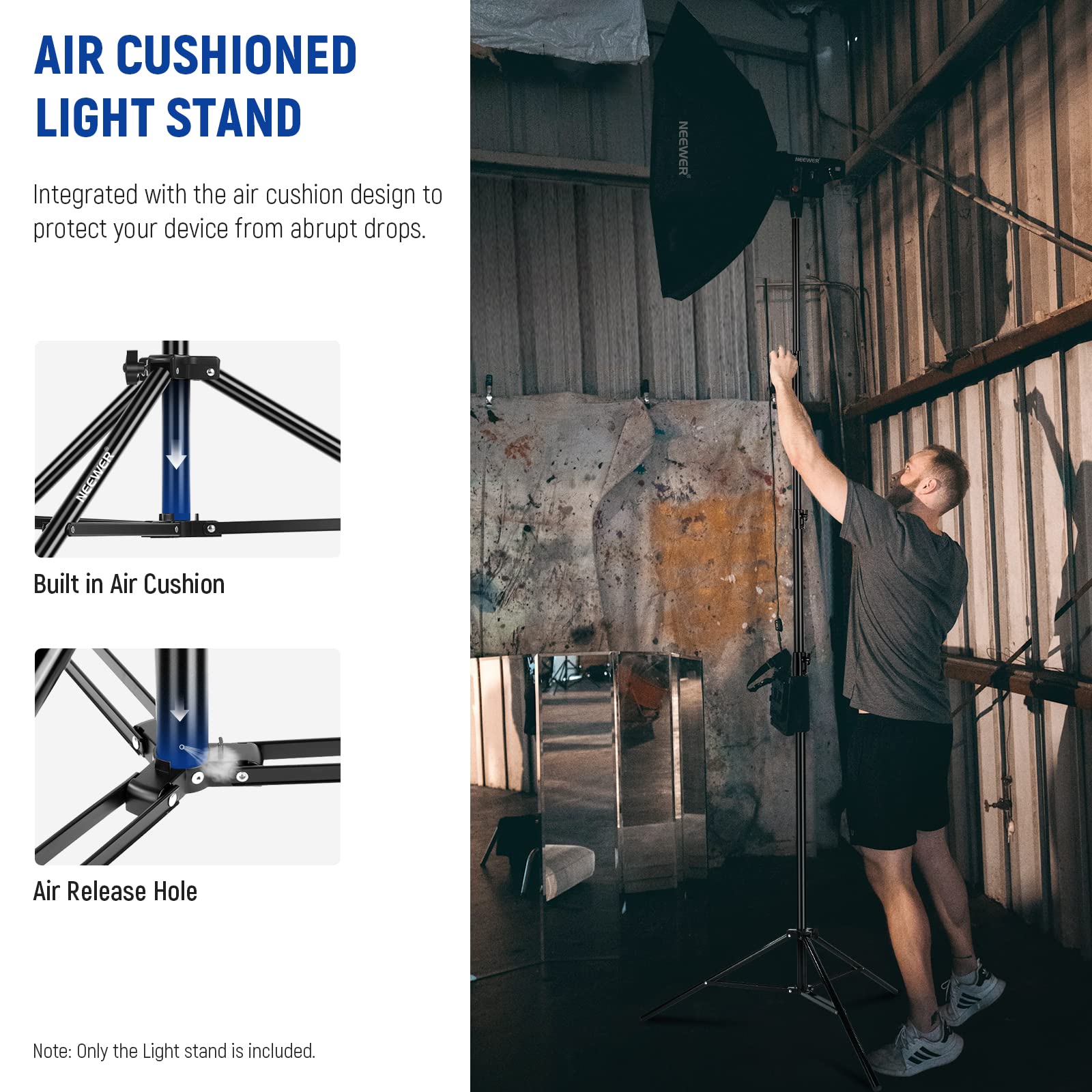 NEEWER 13ft/4m Heavy Duty Air Cushioned Light Stand - All Metal Photography Tripod with 1/4” to 3/8” Reversible Spigot, 3-Way Mounting & Metal Locking Knobs (Max Load 6.5lb/3kg) - Perfect for Studio, Portrait, and Video Lighting Setups