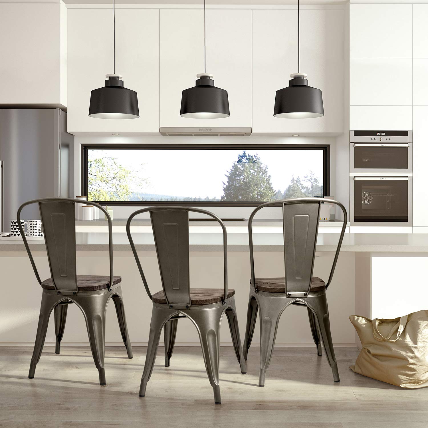 **Furniwell 4-Pack Metal Dining Chairs with Wood Seat - Stackable Indoor/Outdoor Industrial Tolix Chairs for Kitchen, Dining Room, Bistro & Cafe - Gun Metal Finish - Perfect for Home, Restaurant & Patio Use**