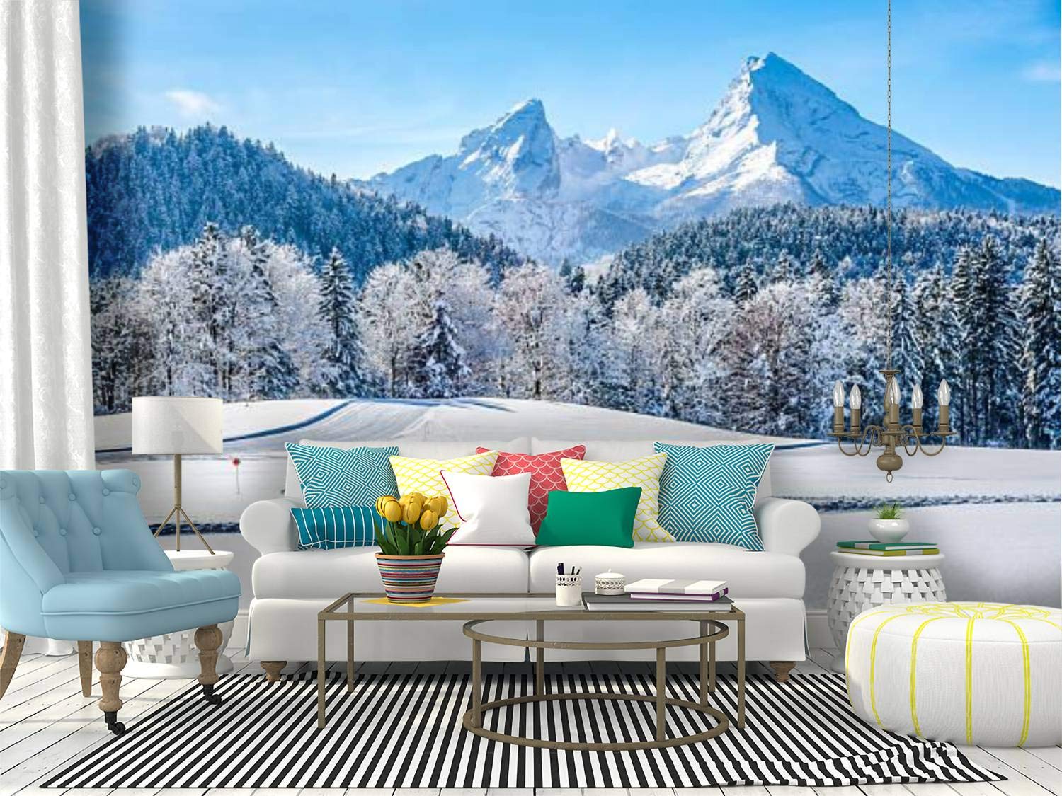 Bavarian Alps Winter Landscape Wall Mural - Peel & Stick Self-Adhesive Wallpaper with Watzmann Massif - Large Removable Vinyl Film Roll for Home Decor (Perfect for Living Room, Bedroom, or Office Wall Art)