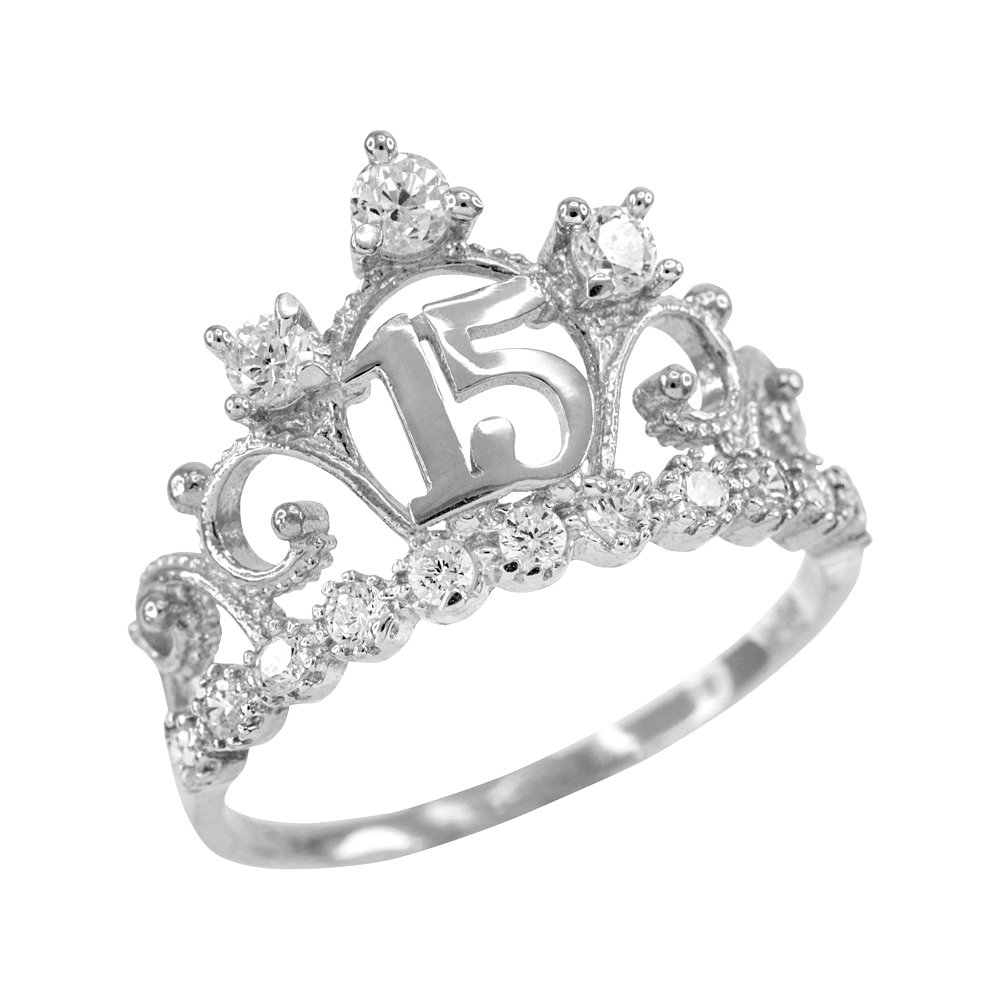 10K White Gold Cubic Zirconia Tiara Crown Ring - Elegant Milgrain Quinceañera Jewelry for Sweet 15 Birthday, Prom, Wedding & Special Occasions