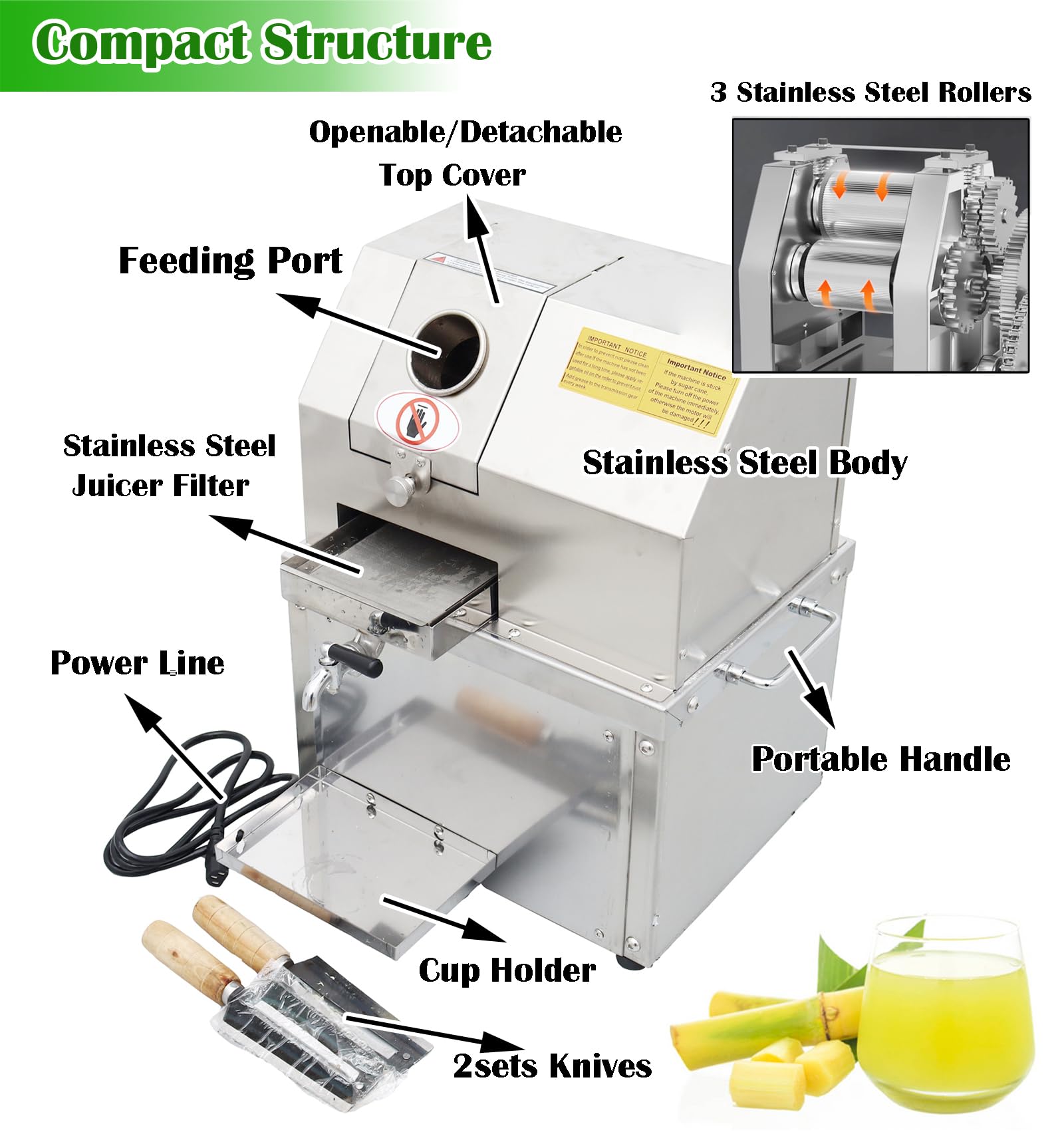 INTBUYING Commercial & Home Electric Sugarcane Juicer Machine - 800W 110V Stainless Steel 3-Roller Press Extractor with Detachable Cover - Perfect for Juice Bars, Restaurants, and Healthy Home Juicing