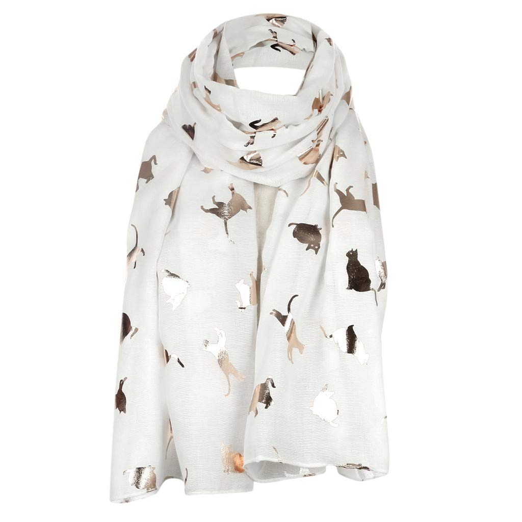 UINKISY Black Chiffon Printed Silk Shawl Wrap Scarf for Women - Elegant Cat Travel Fashion Accessory - Perfect for Parties, Weddings & Evening Outfits (White, One Size)
