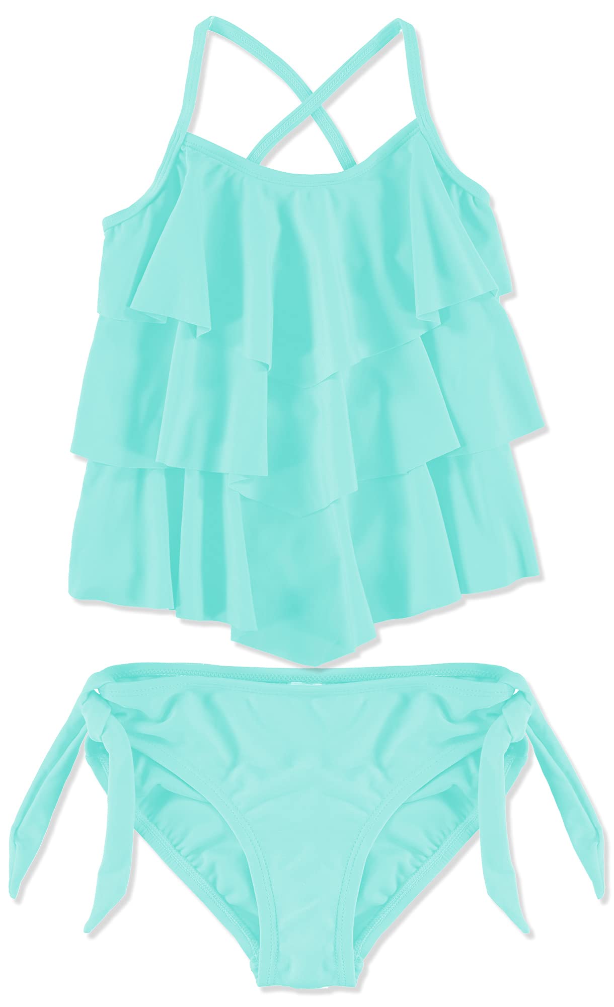 Girls 2-Piece Solid Tiered Tankini Swimsuit Set | Sizes 6-12 | Kids Bathing Suit for Pool, Beach & Summer Vacation