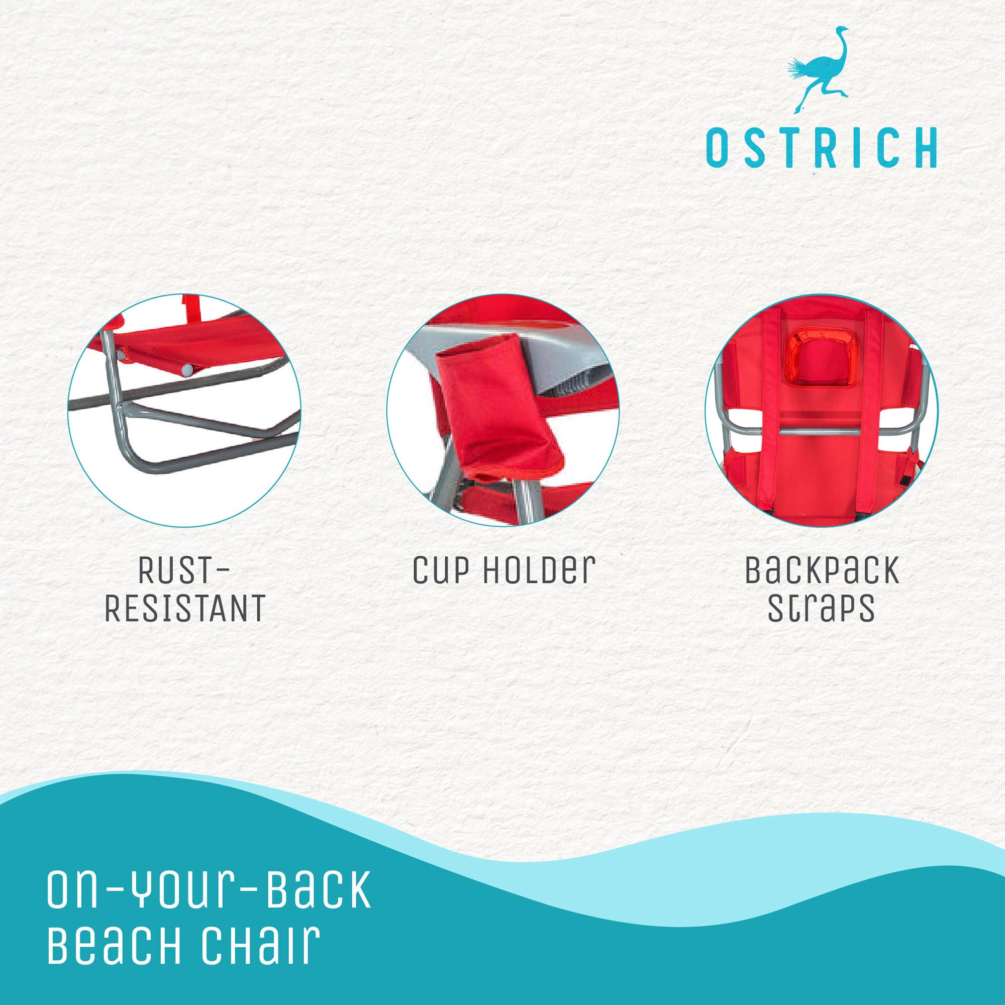 Ostrich Chaise Folding Steel Frame Beach Lounger - 5 Position Adjustable Reclining Outdoor Camping Lawn Chair with Portable Carry Strap - Perfect for Beach, Poolside, Backyard & Picnic (Red)