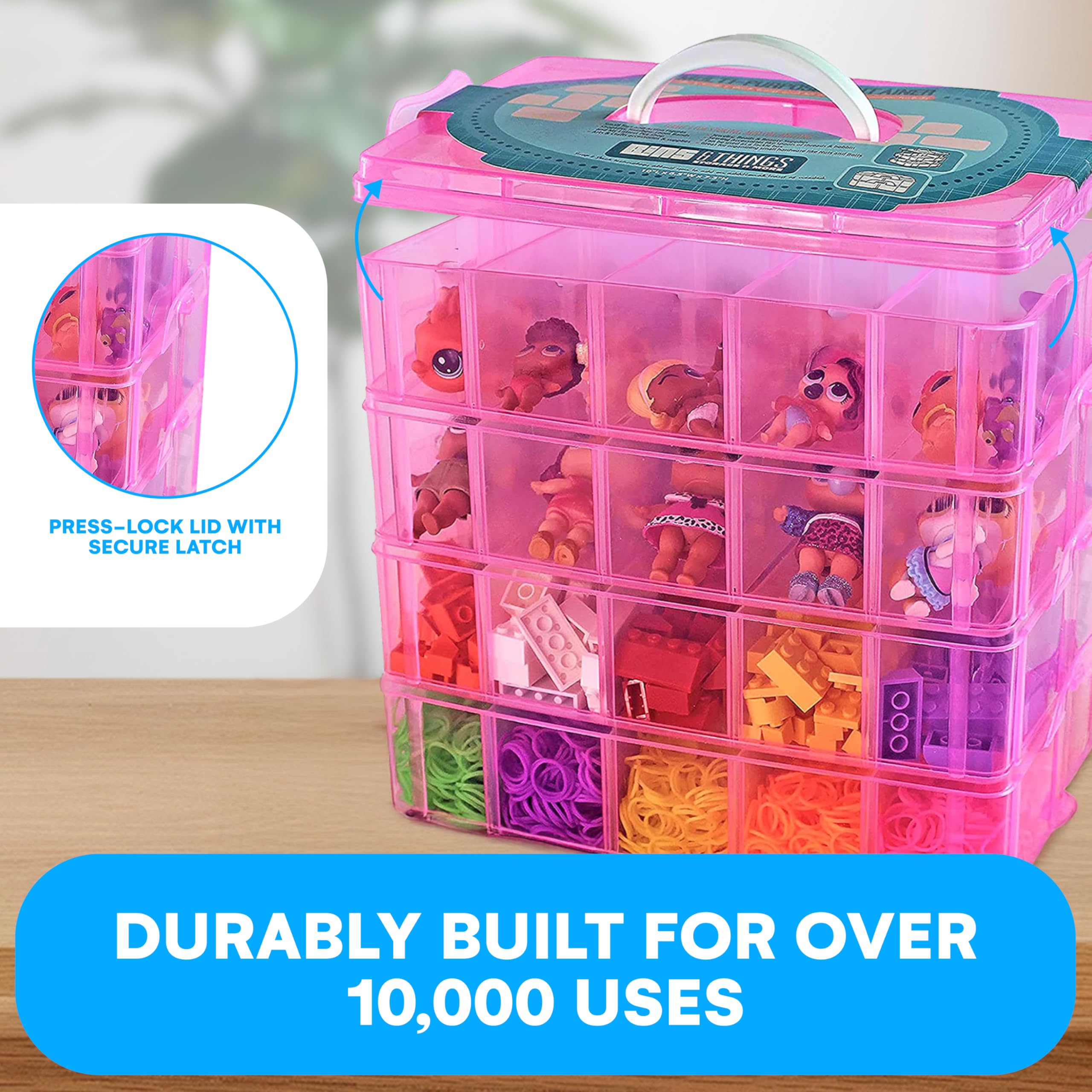 Bead Organizer with Adjustable Compartments - 4 Tier 20 Compartment Pink Storage Box for Dolls, Crafts, Mini Toys, Jewelry & Beads - Durable Toy Organizer for Kids & Adults - Perfect for Craft Rooms, Playrooms & Travel Organization