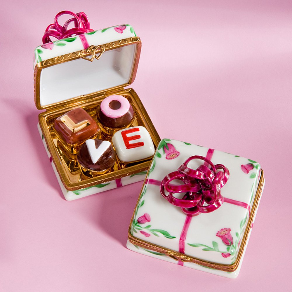Authentic French Hand-Painted Limoges Porcelain Love Cookies & Truffles Gift Box with Bow - Perfect for Valentine's Day, Wedding Favors & Romantic Gifts