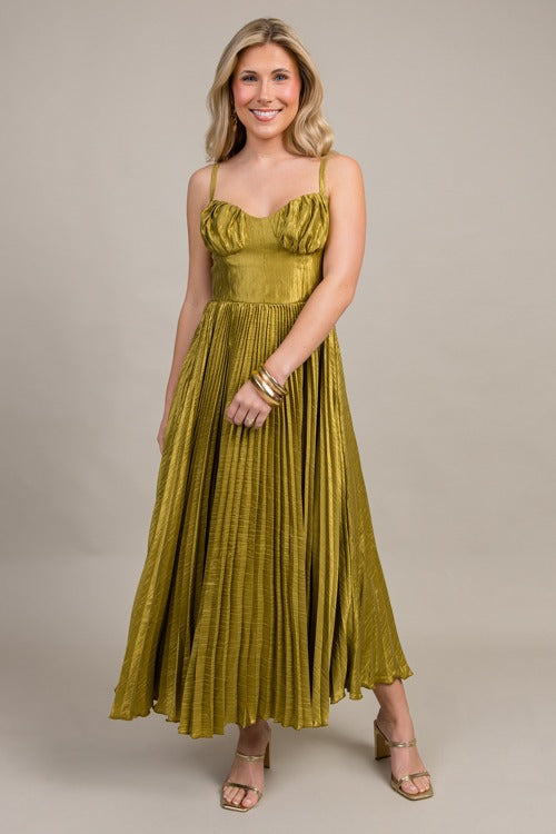 Elegant Chartreuse Satin Pleated Midi Dress for Women - Perfect for Cocktail Parties, Weddings & Special Occasions