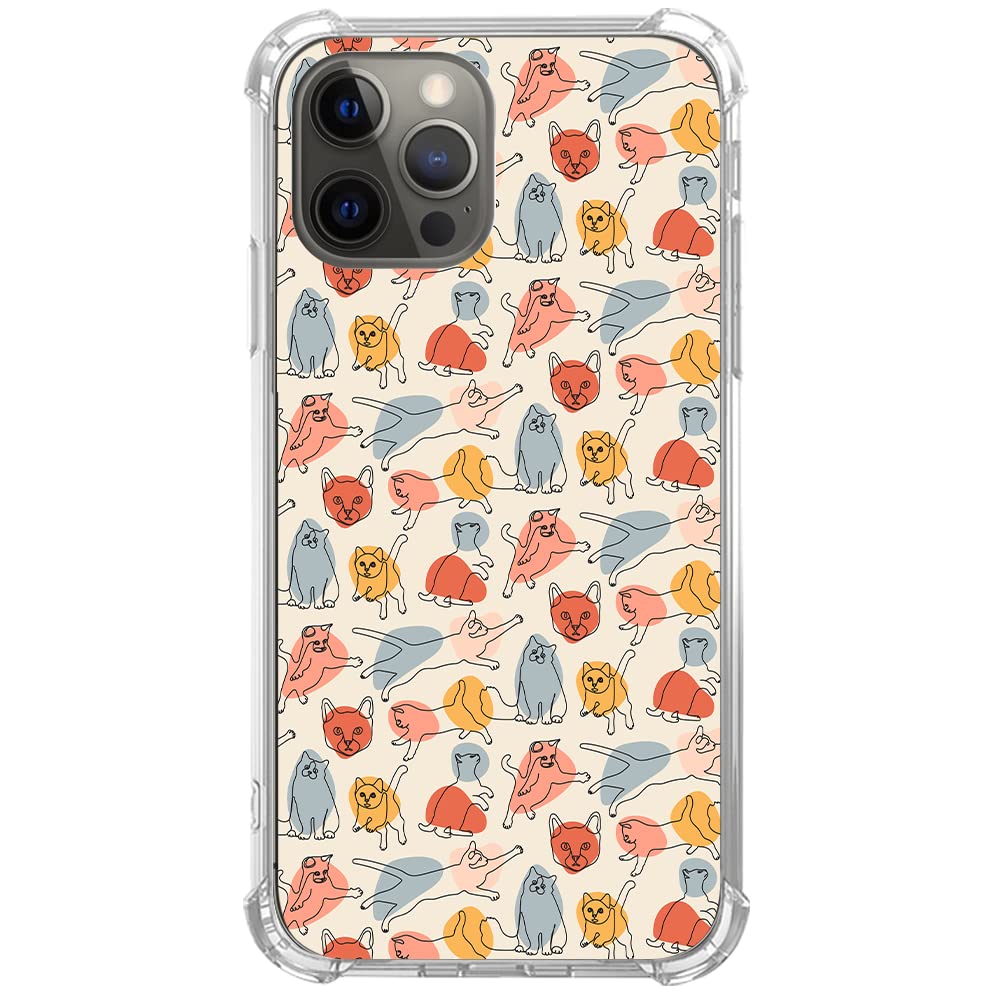 Minimalist Colorful Cartoon Cats Line Art Phone Case for iPhone 12 Pro Max - Cute TPU Bumper Cover for Teens, Men & Women - Perfect for Daily Use, Gifts & Cat Lovers