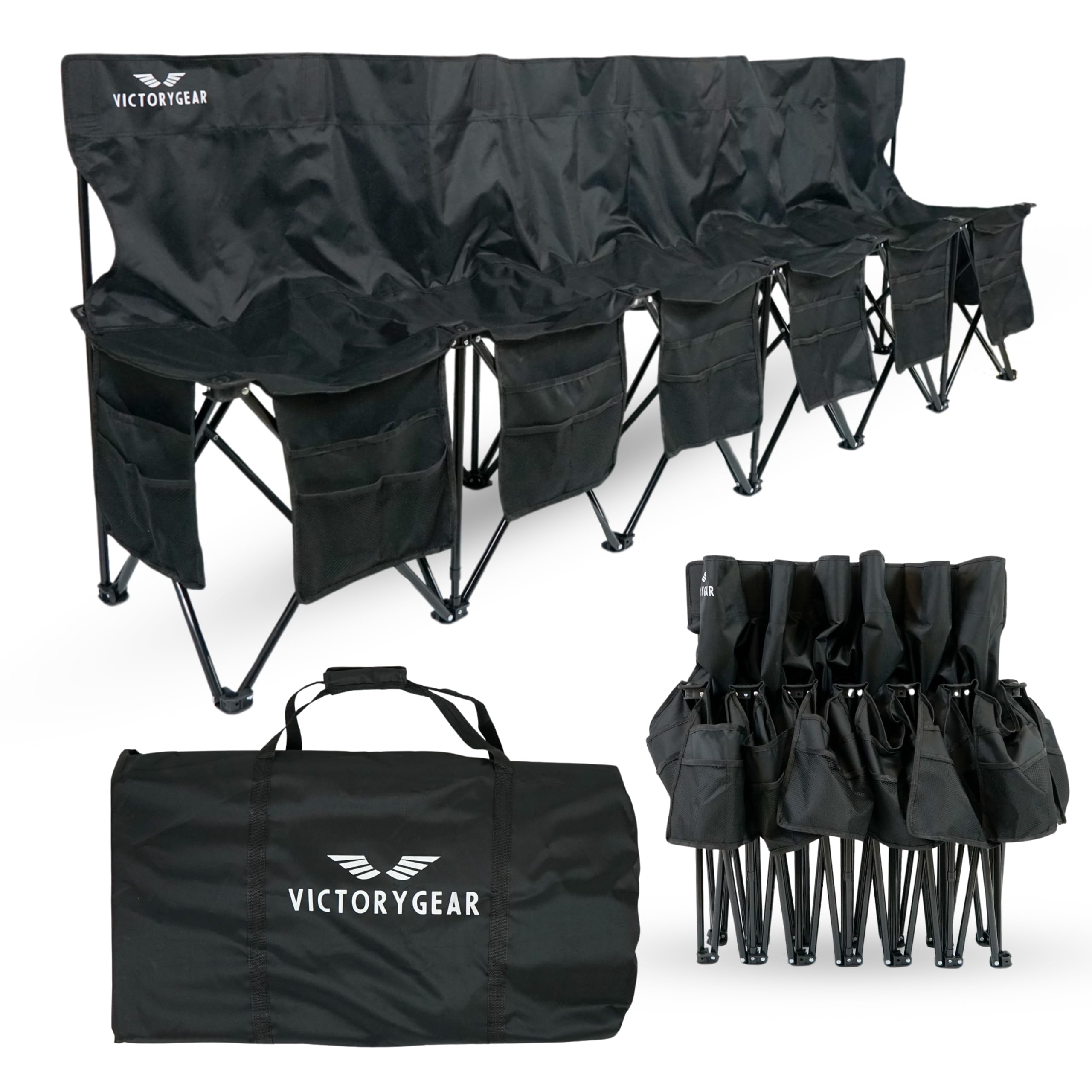 6-Seat Foldable Soccer Team Bench with 8 Pockets & Carry Bag - Portable Sideline Bench for Soccer Games, Practices & Outdoor Sports Events - Durable Folding Sports Bench for Coaches, Players & Spectators
