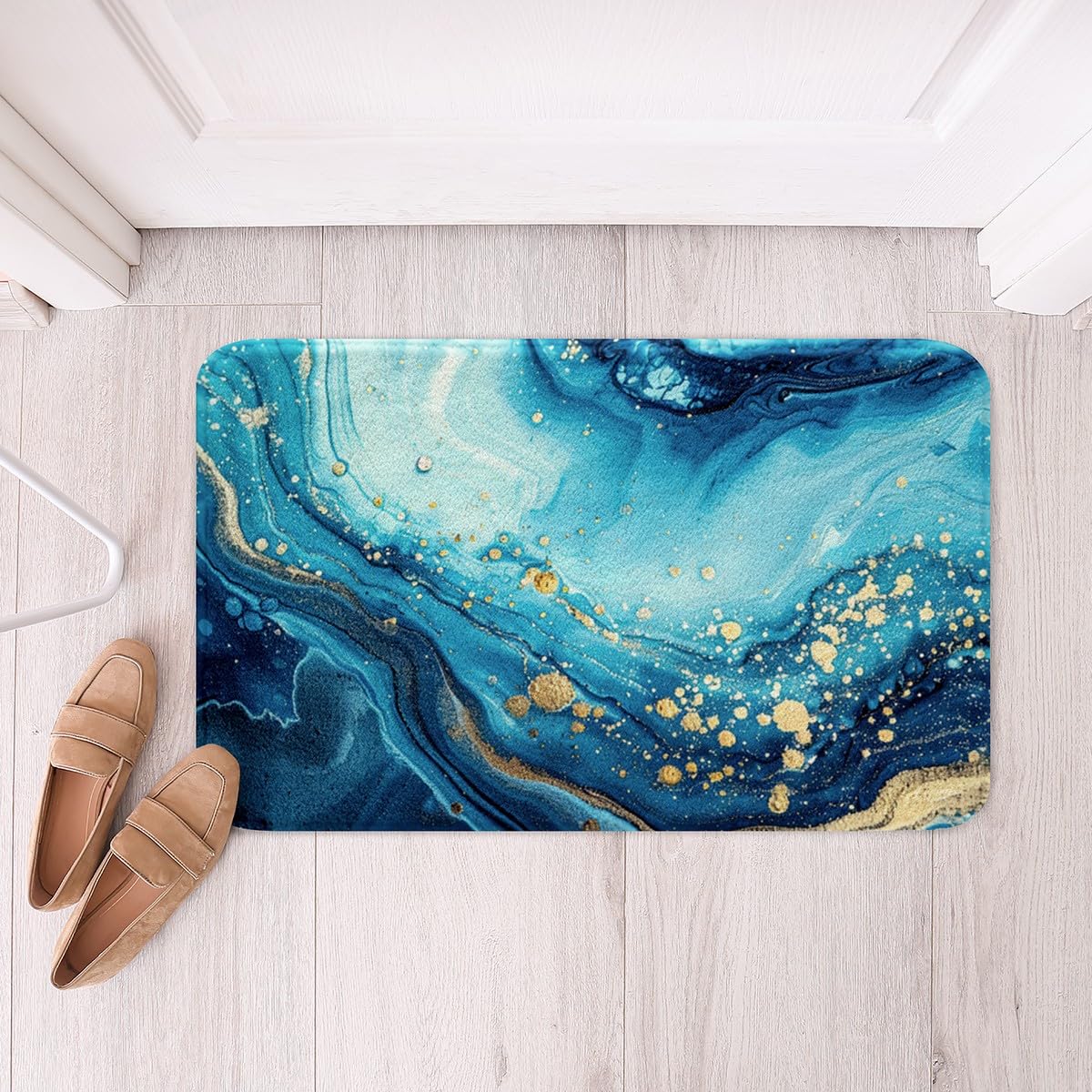 Non-Slip Marble Bath Mat 20x32 Inch - Waterproof Modern Stone Texture Bathroom Rug for Shower, Kitchen & Bedroom | Washable Thick Floor Mat with Gold Teal Blue Marble Design - Perfect for Bathroom Decor & Wet Areas