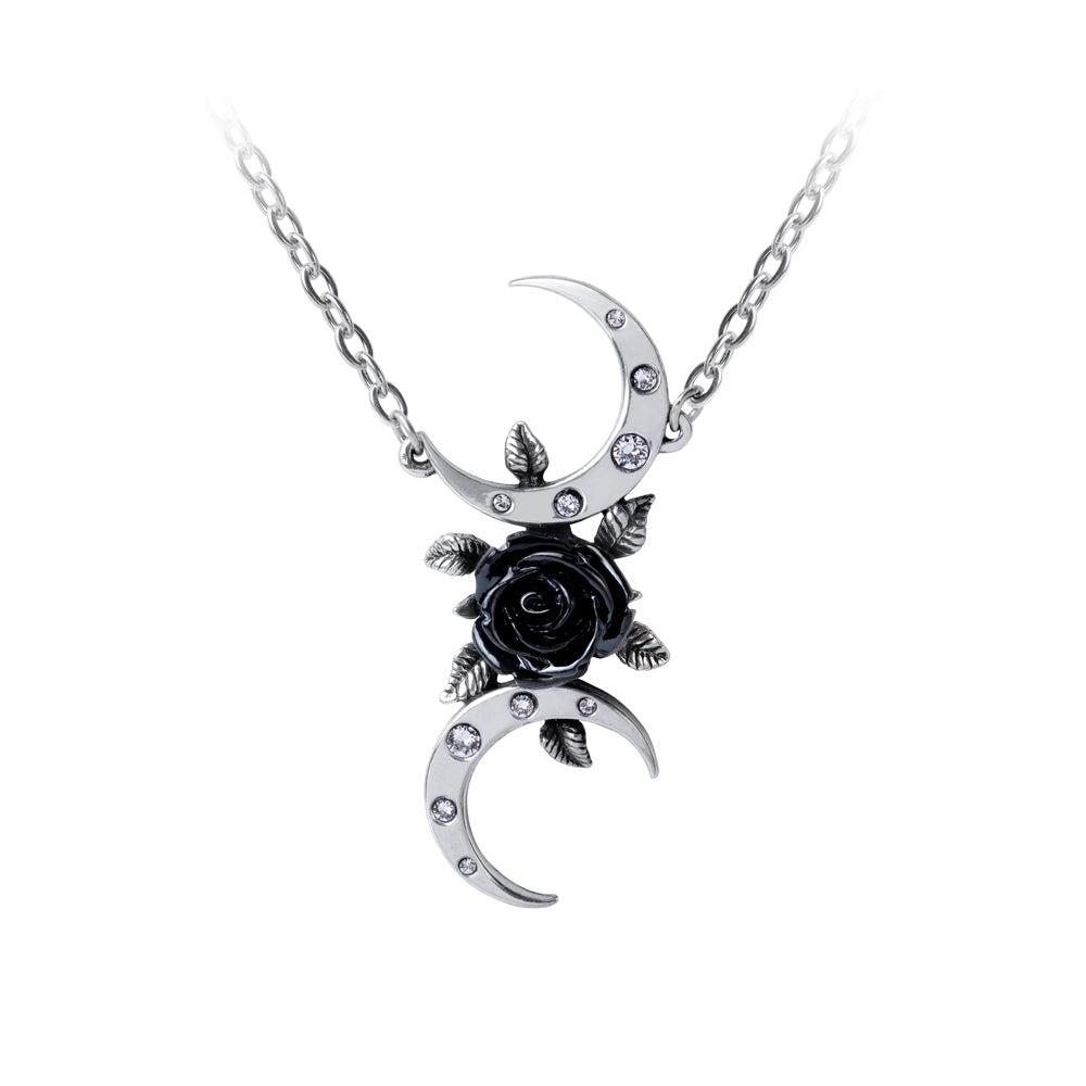 Double Crescent Moon and Black Rose Necklace - Gothic Jewelry for Women, Elegant Gothic Pendant for Everyday Wear, Date Night & Special Occasions
