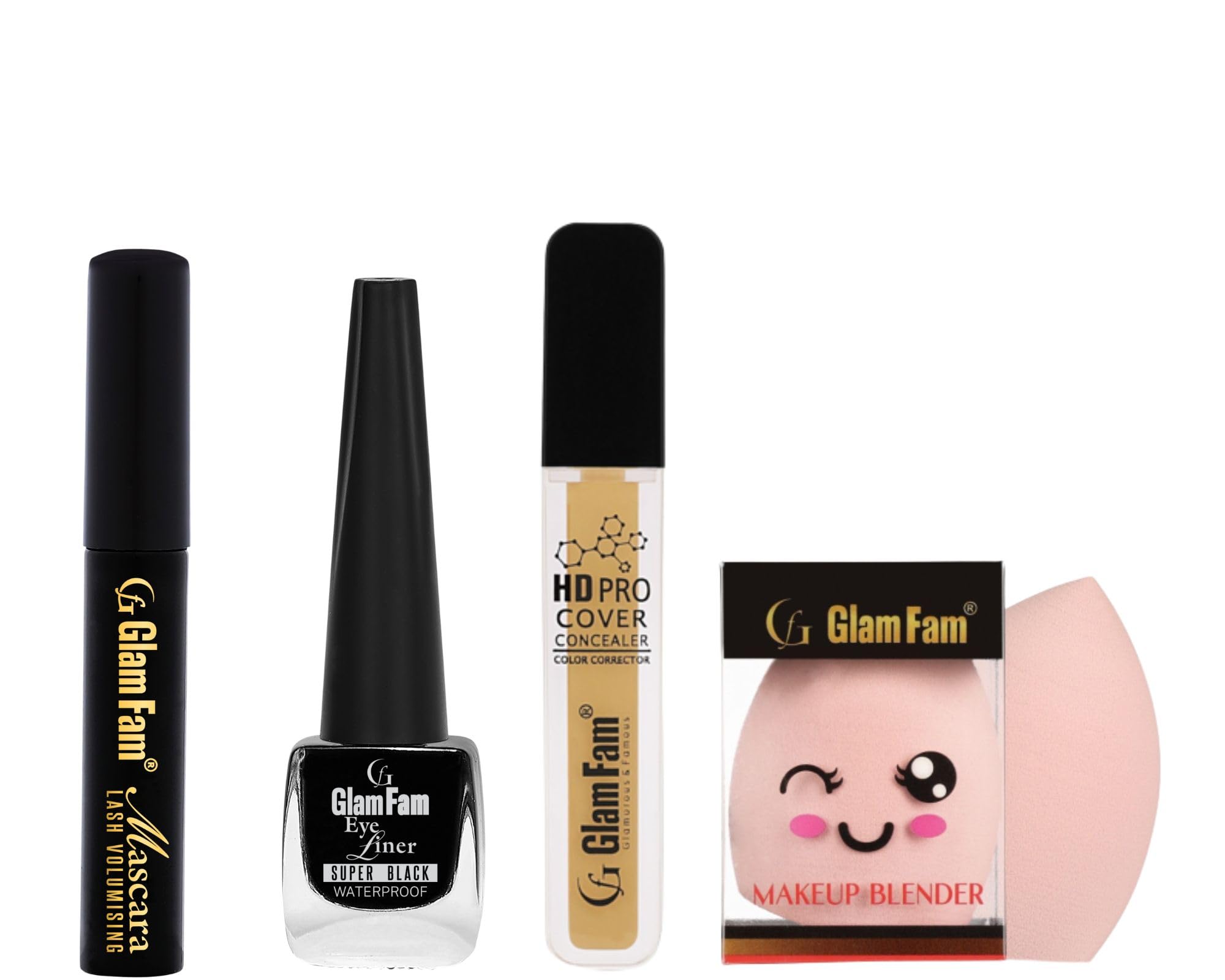 GLAMFAM Deep Black Waterproof Eyeliner & Mascara - Matte Liquid Concealer with Makeup Blender | Long-Lasting Smudge-Proof Eye Makeup for Day & Night Looks (Face Makeup Set)