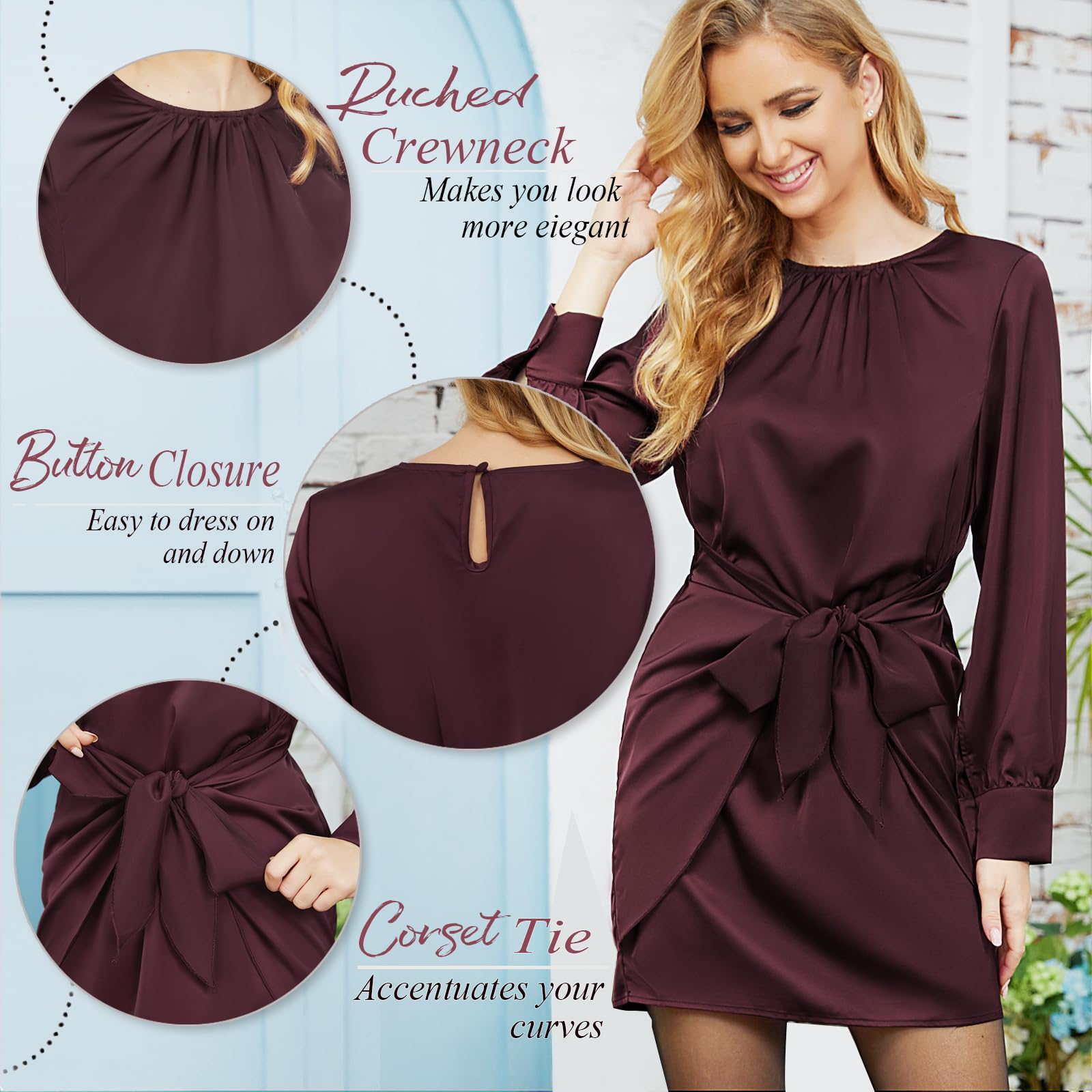 G&Y Women's Satin Tie Waist Mini Dress - Long Sleeve Solid Party Dress for Cocktail Nights & Date Nights | Elegant Formal Wear for Women