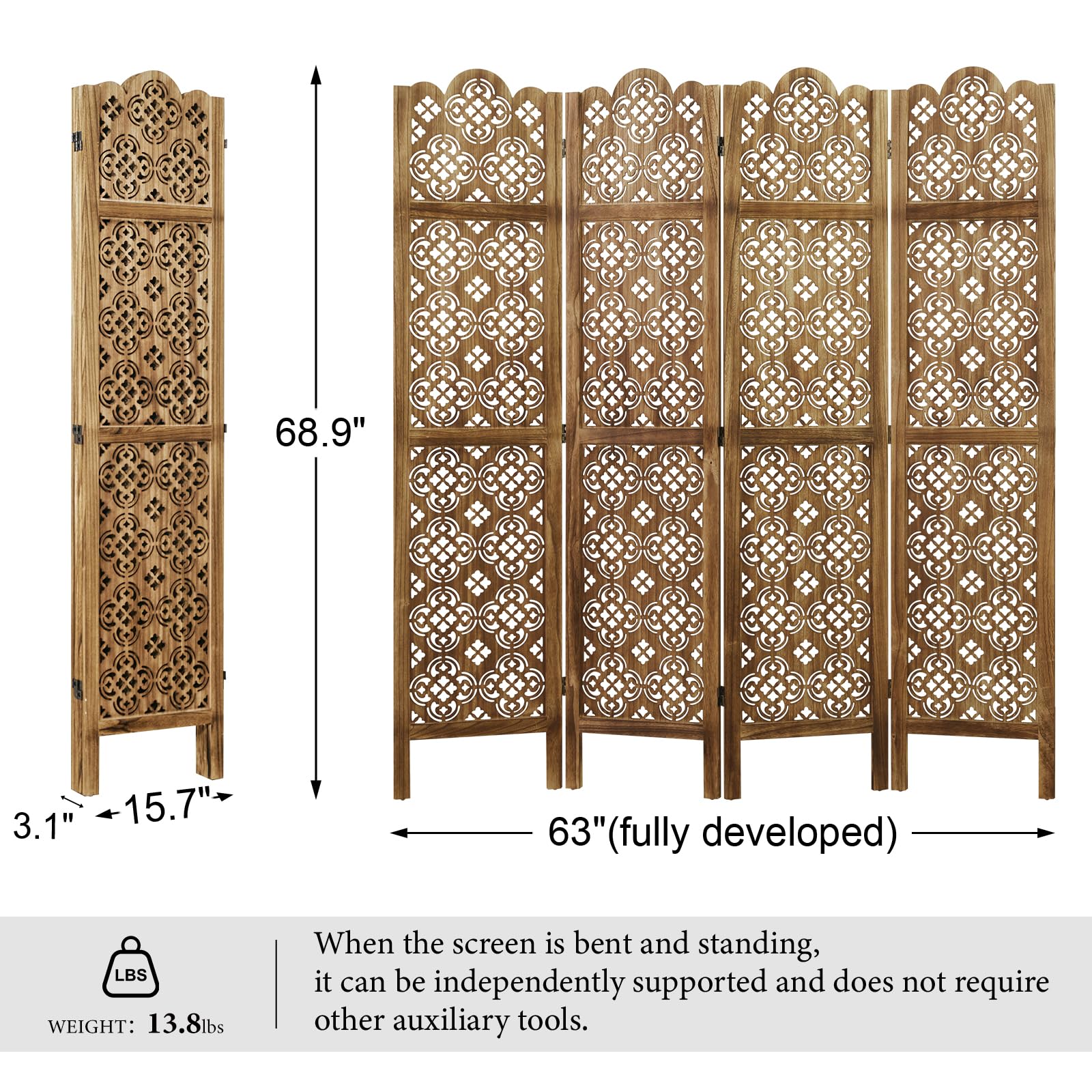 5.75Ft Wood Carved Room Divider - 4 Panel Folding Partition Screen for Home, Office, Garden & Terrace | Portable Indoor Privacy Screen in Antique Brown | Perfect for Space Separation, Decoration & Room Dividers