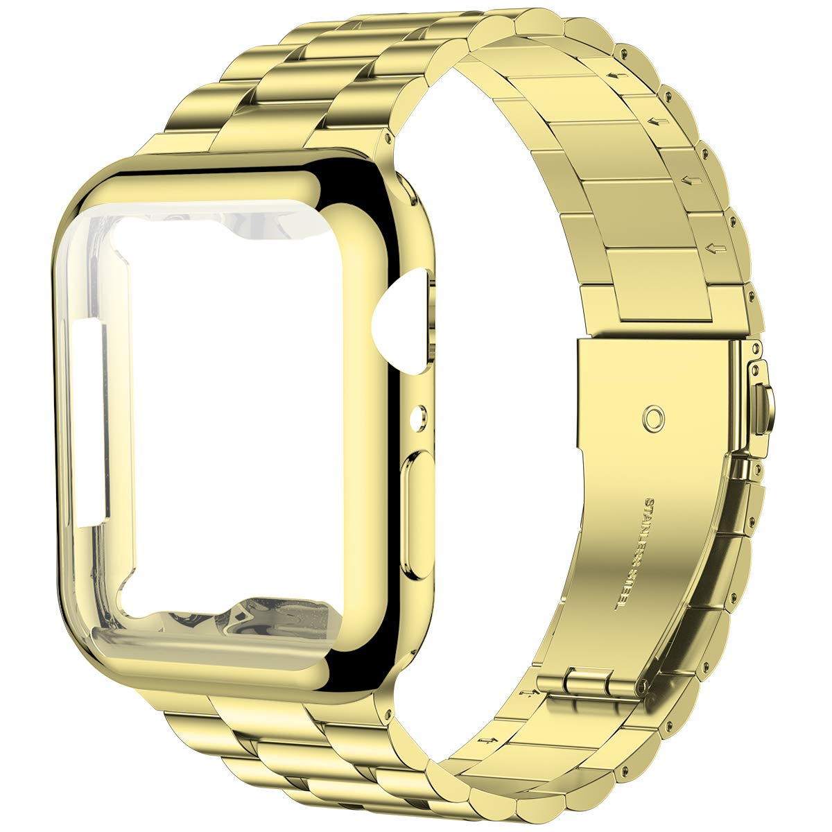 iiteeology Compatible with Apple Watch Bands 41mm for Series 9/8/7 - Upgraded Stainless Steel Strap with Screen Protector Case (Gold/Gold) - Elegant Women's Smartwatch Accessory for Workout, Office & Daily Wear