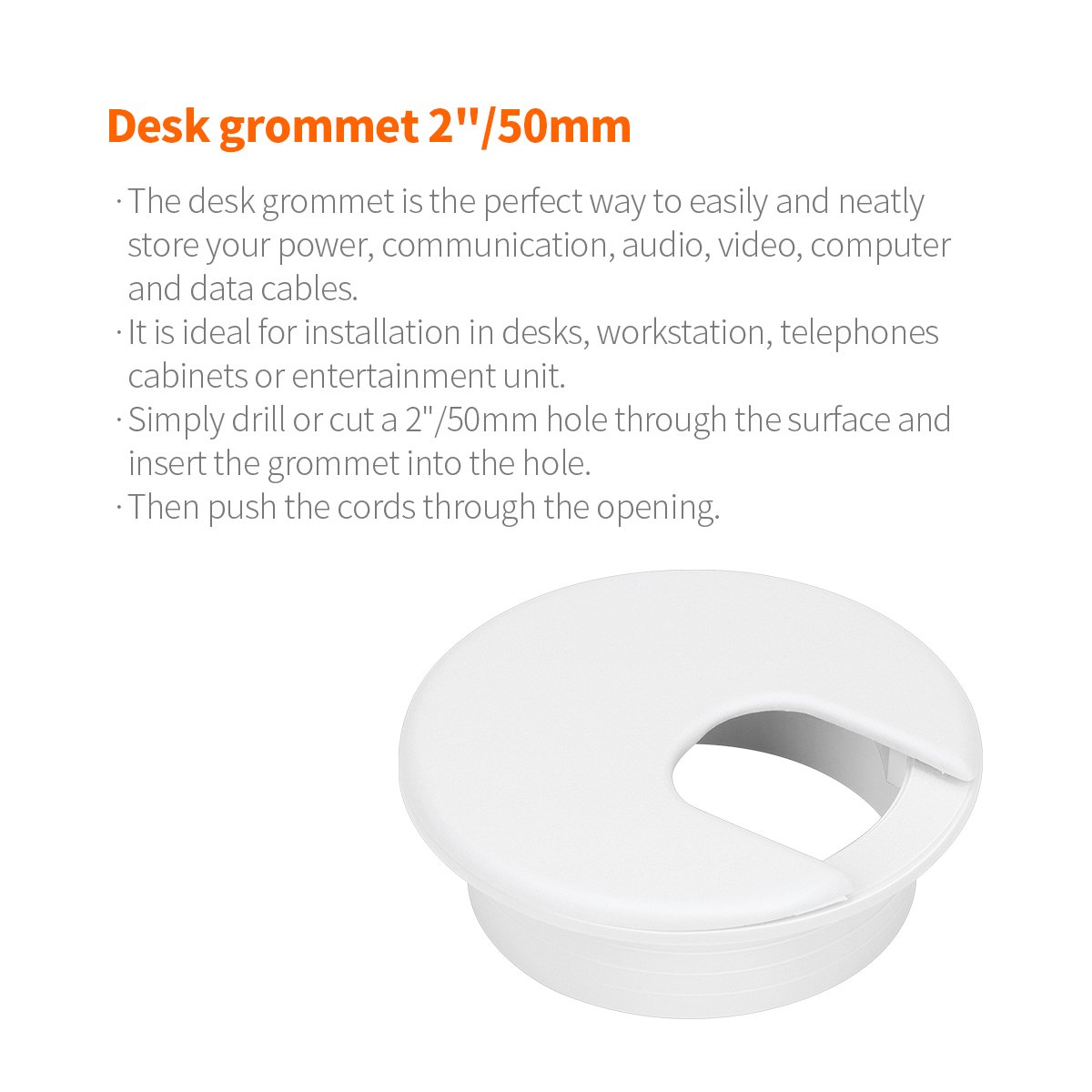 10 Pack 2 Inch White Plastic Desk Grommet for Cable Management - Wire Organizer for Office, Home & School Desks - Protects Wires from Damage