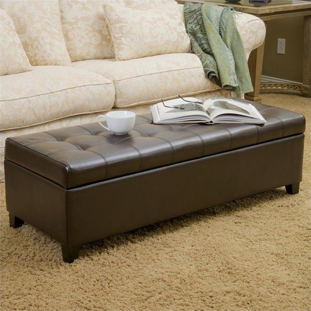 Tufted Bonded Leather Ottoman Storage Bench with Lift Top - Brown Leather Footstool, Coffee Table & Shoe Storage for Living Room, Bedroom & Entryway